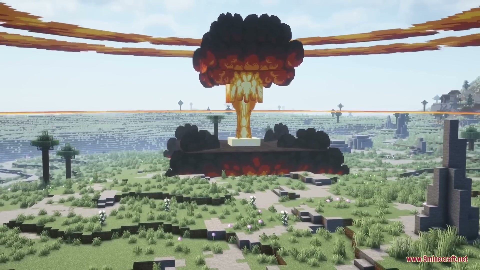 Atomic Casing Project Mod Screenshot 3 A massive nuclear mushroom cloud explosion rising over a Minecraft landscape