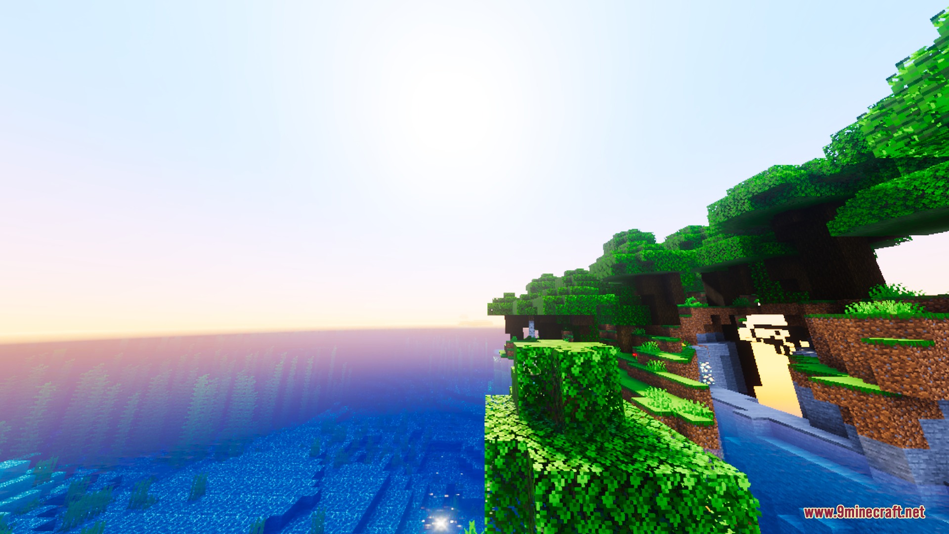 Bright sun rays shining through green trees on a cliff above the ocean