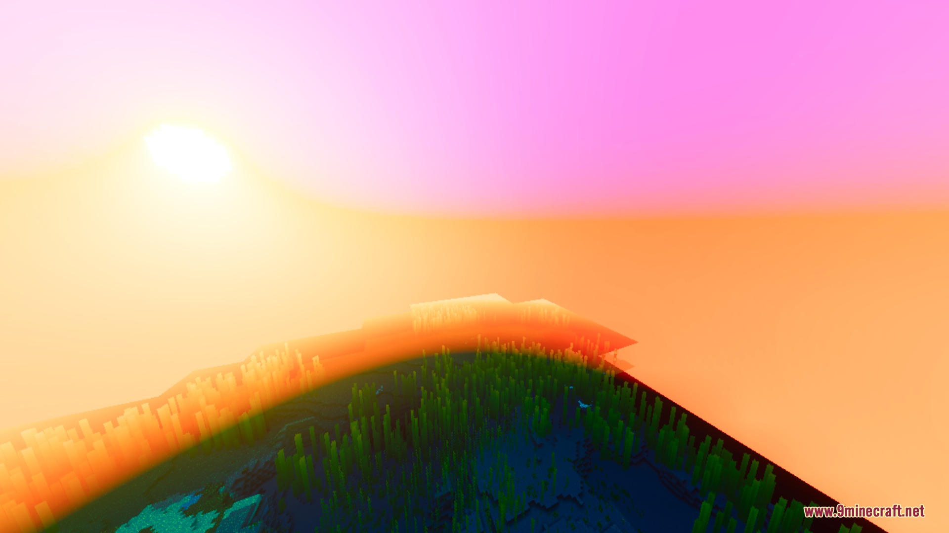 Fiery magenta sunset sky over a dark forest with vibrant atmospheric lighting