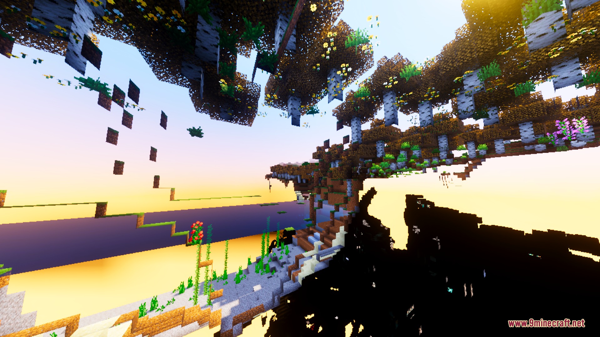 Vibrant sunset lighting shines through floating islands and birch trees in Minecraft