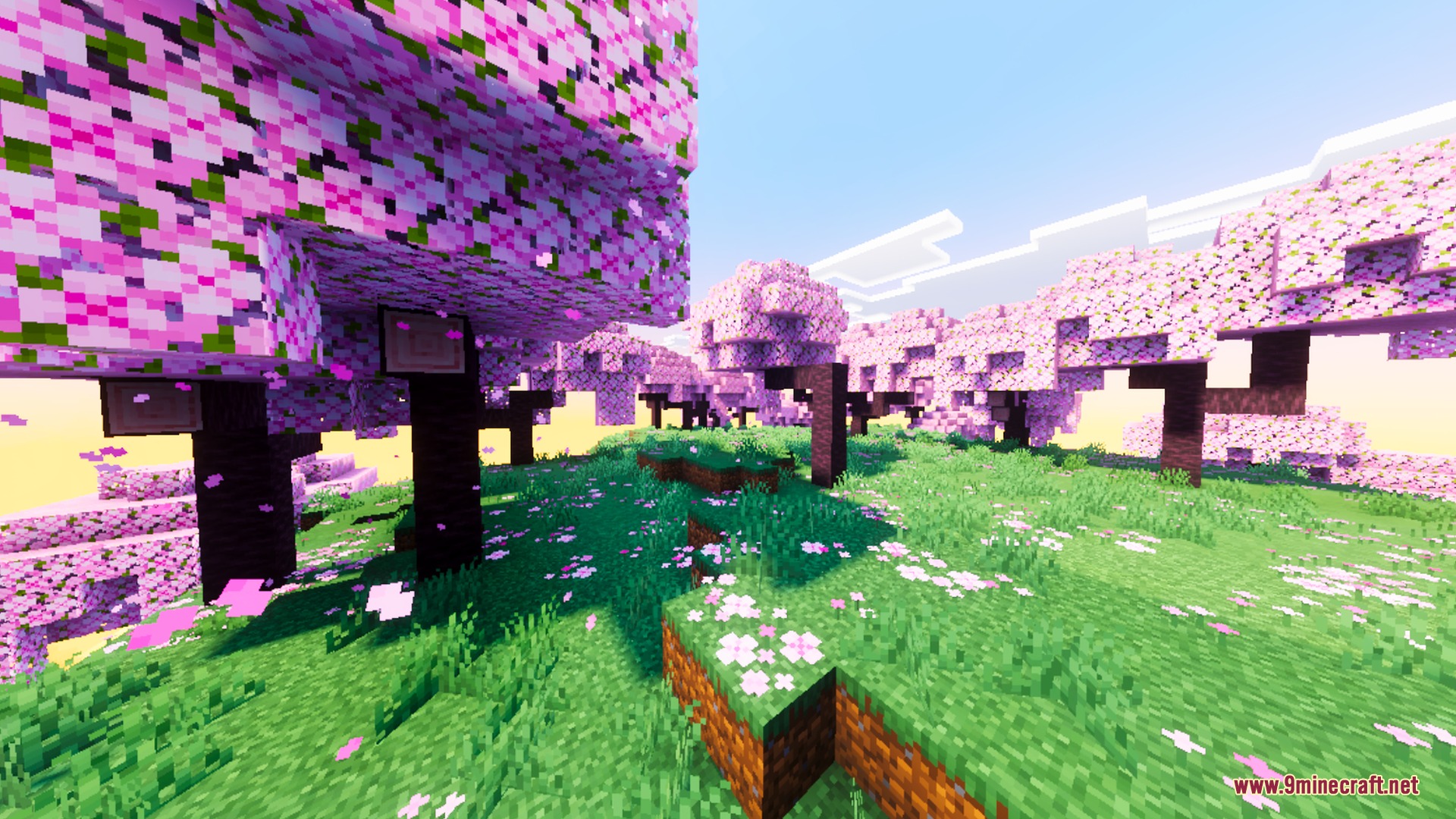 Vivid pink cherry blossom trees under a colorful sky with custom gradients