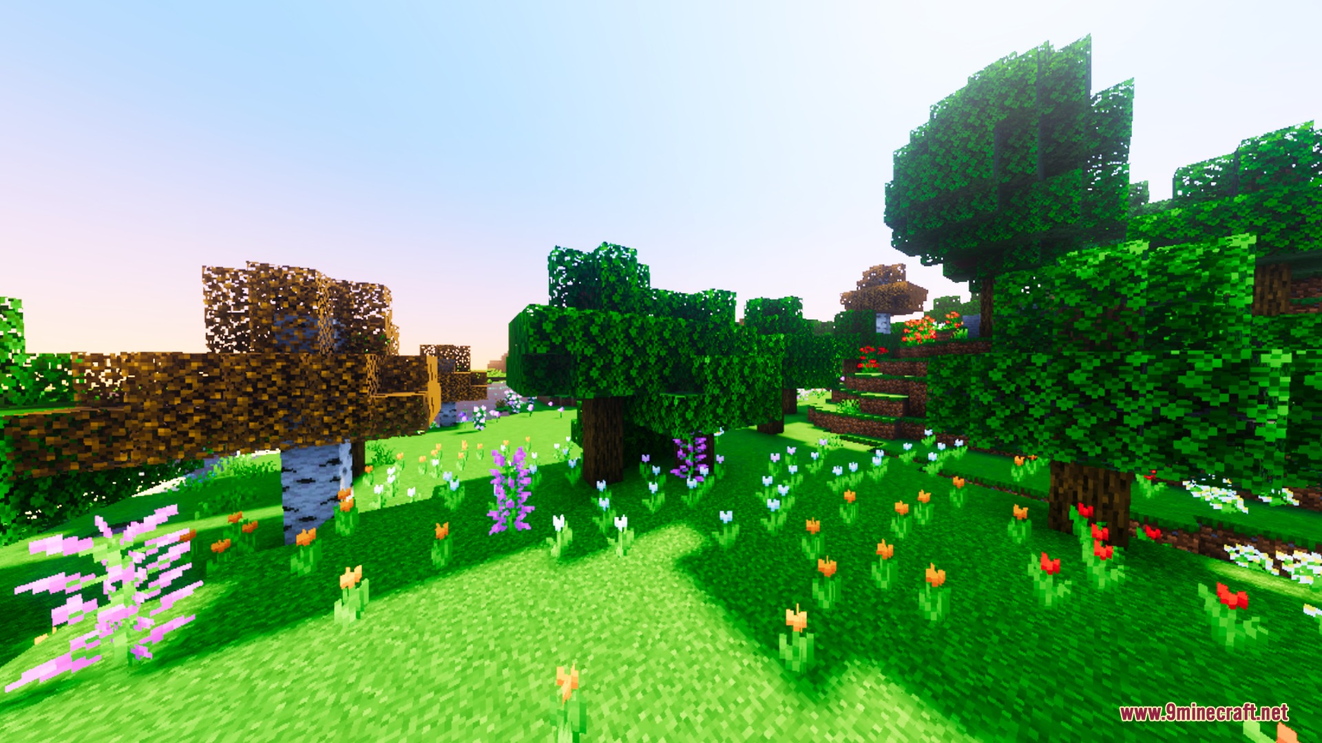 Vibrant forest landscape with colorful flowers and bright atmospheric lighting in Minecraft