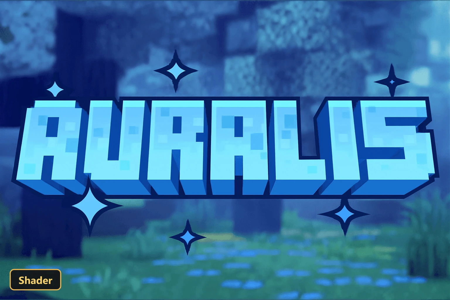 blue title over a blurry Minecraft scene with grass and stone