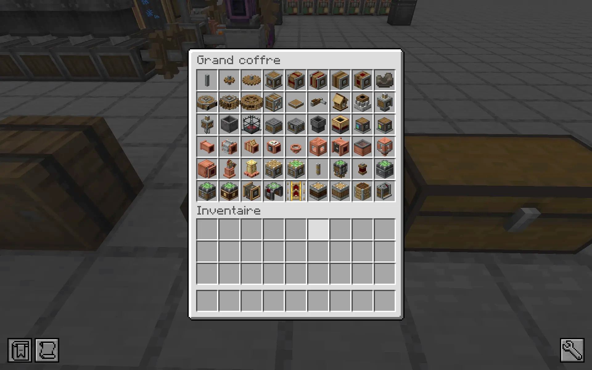 A large chest interface displaying various mechanical components like gears and pipes