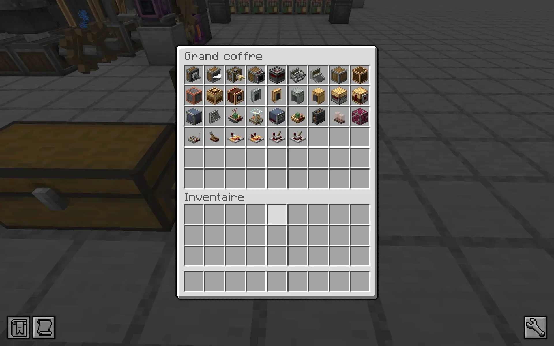 A large chest interface filled with advanced mechanical tools and redstone logic components