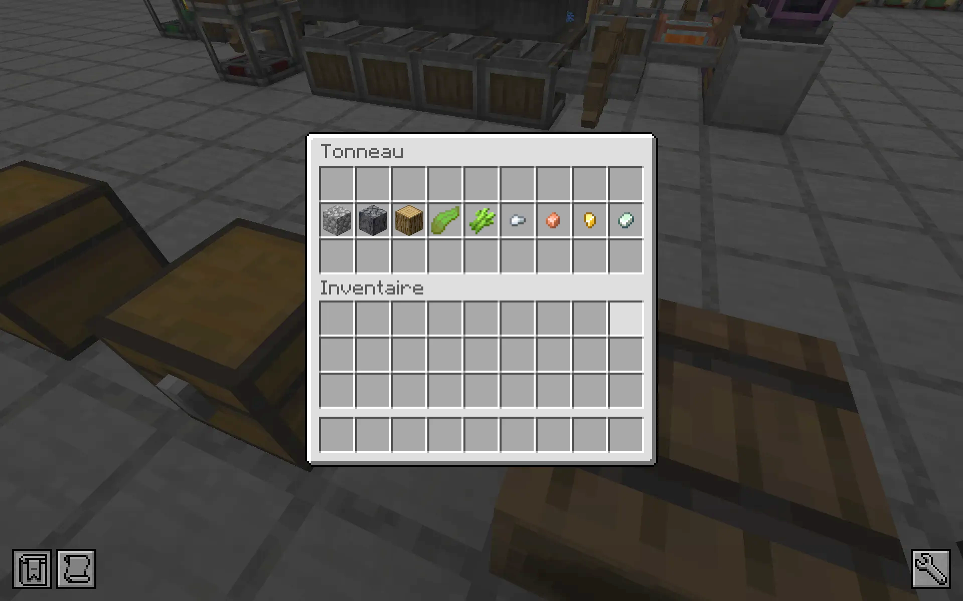 Barrel inventory displaying various raw materials used for the Auto Crafter machine