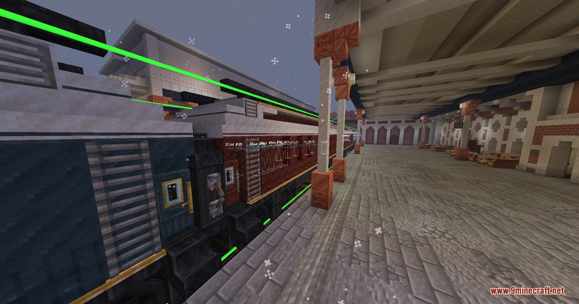 Administrative boundary markers appear as green lines near a train at a station