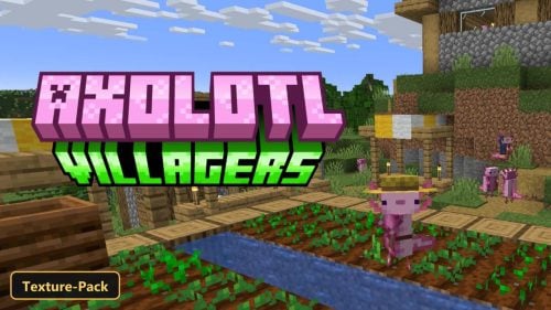 axolotl villager in a wheat farm, village in background