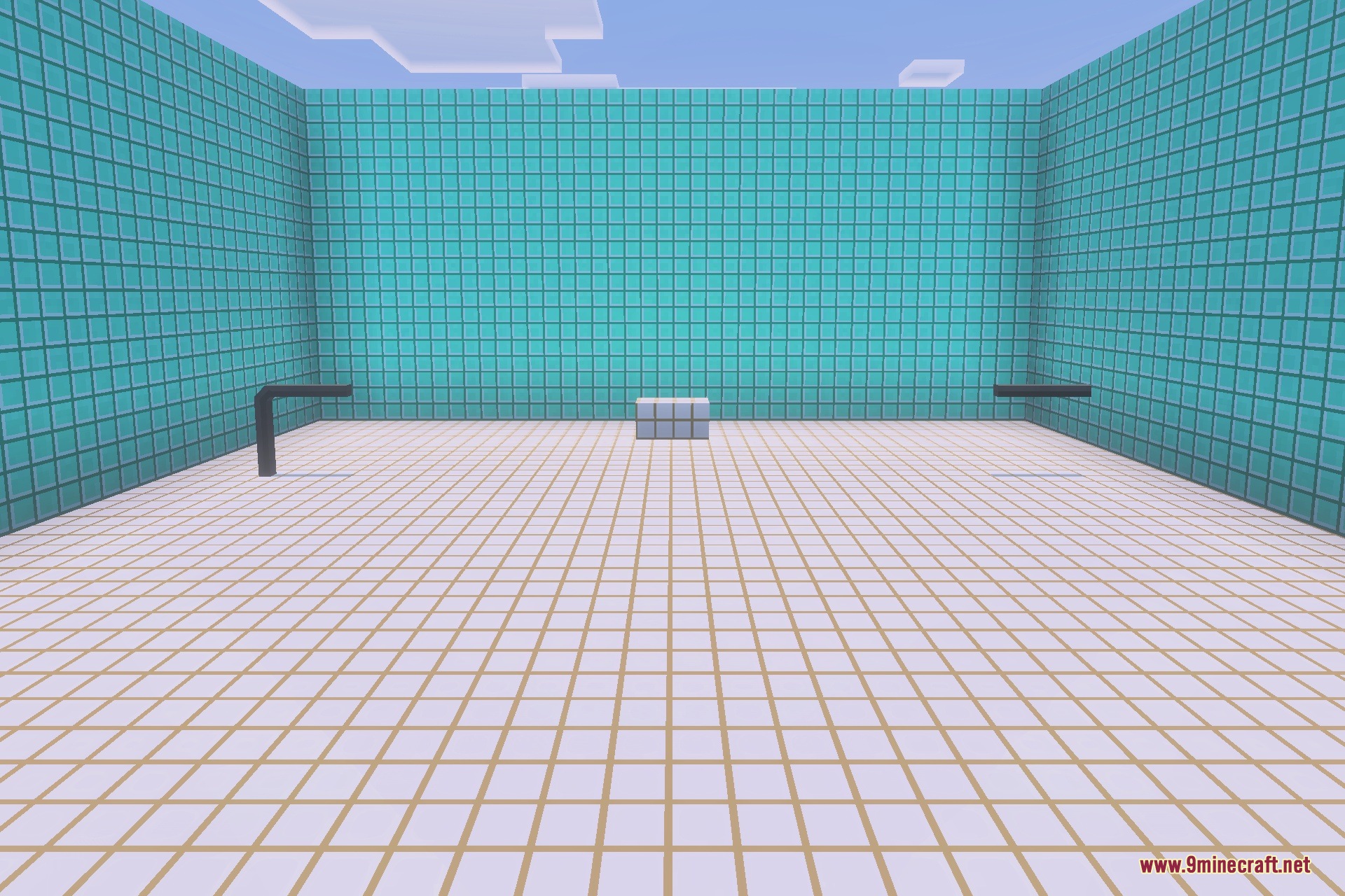 An empty room with blue tiled walls and white tiled floors in Minecraft