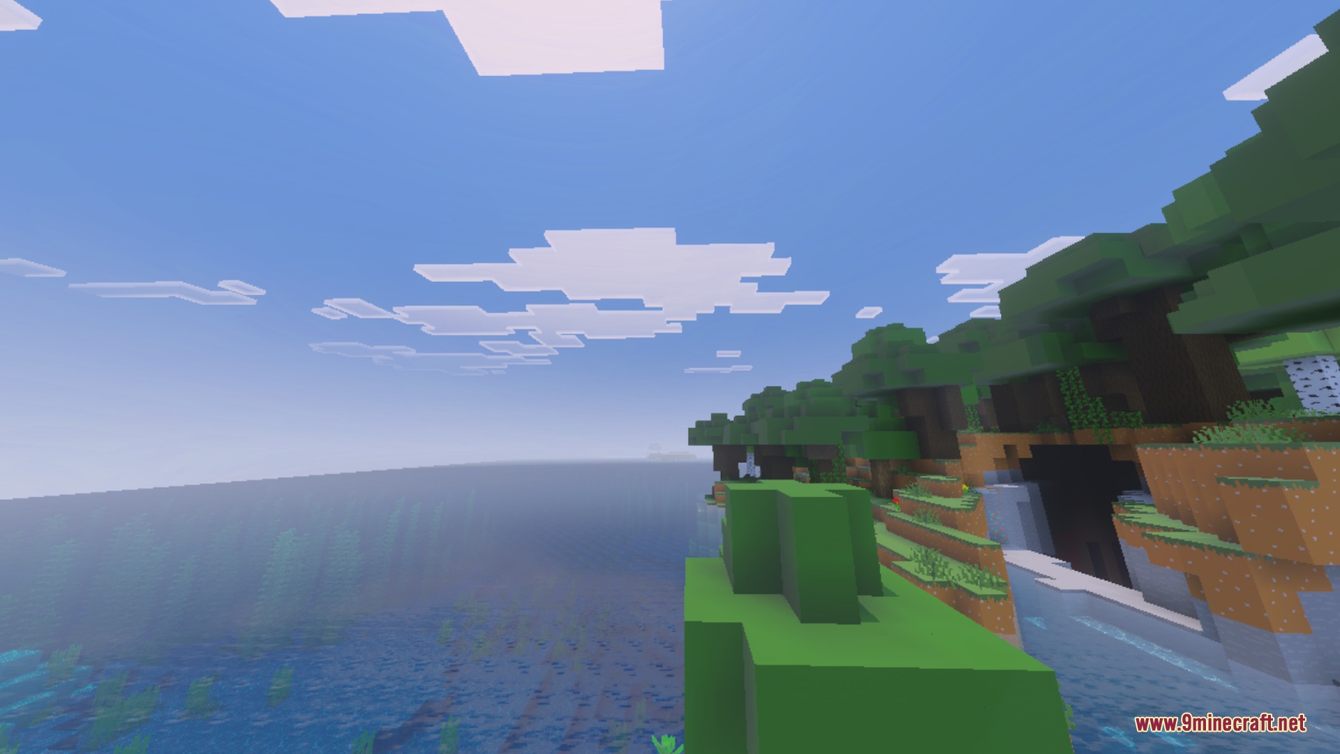 BBSPBRBP Lite Shader Screenshot 1 A scenic view of a Minecraft ocean and cliff with clean textures