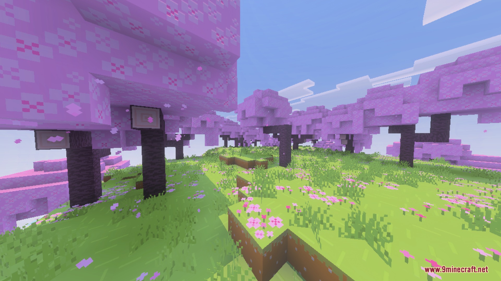 BBSPBRBP Lite Shader Screenshot 6 Clean cherry blossom biome featuring pink trees and lush green flowery grass