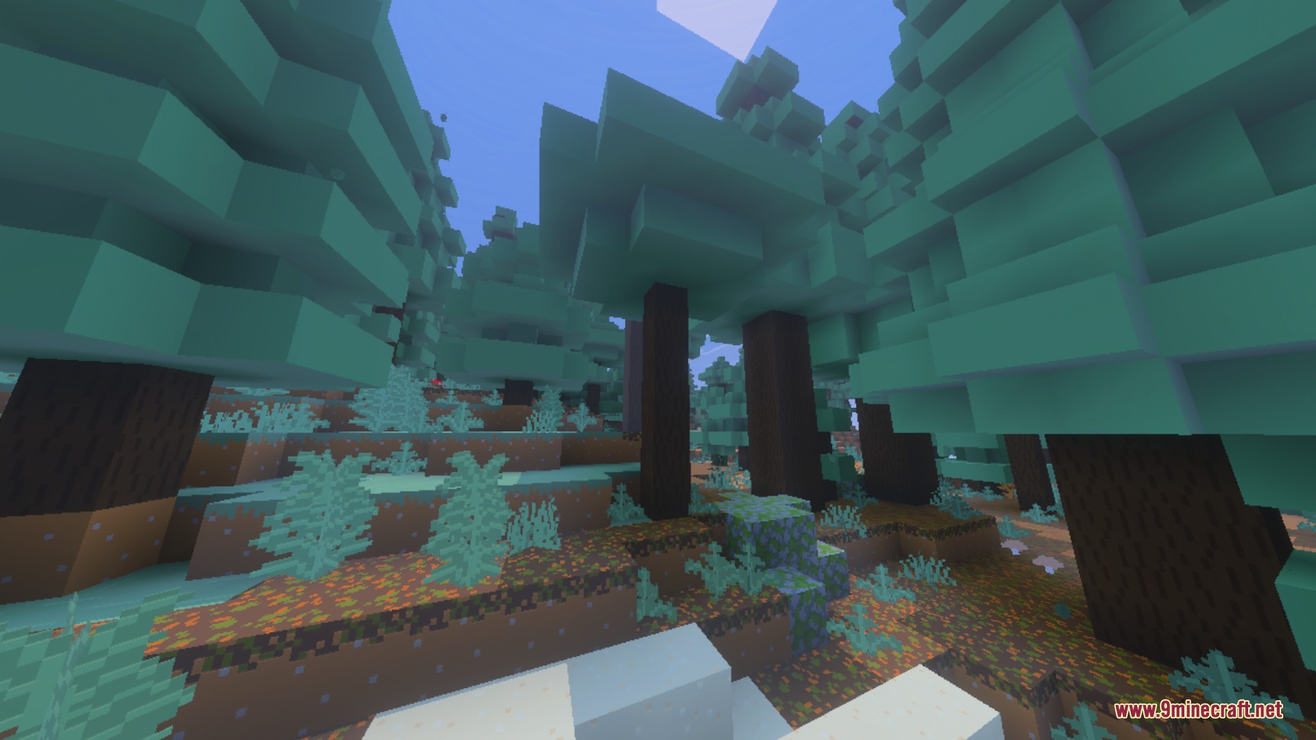 BBSPBRBP Lite Shader Screenshot 7 Stylized spruce forest with teal leaves using BBSPBRBP Lite clean textures