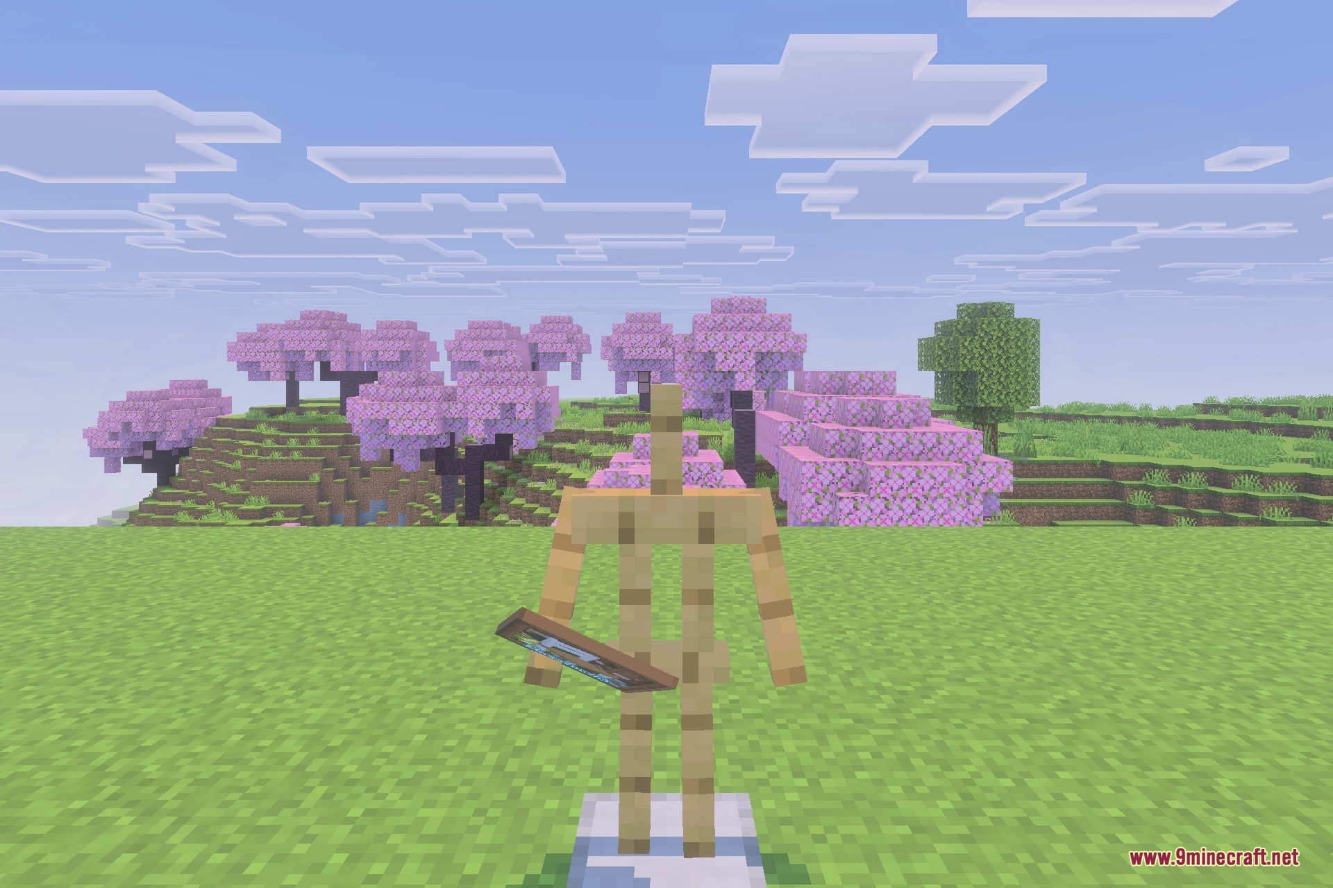 An armor stand holding a custom decorative item in a cherry blossom biome