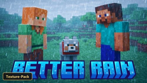 Alex, Steve, and a wolf in a rainy grassy biome