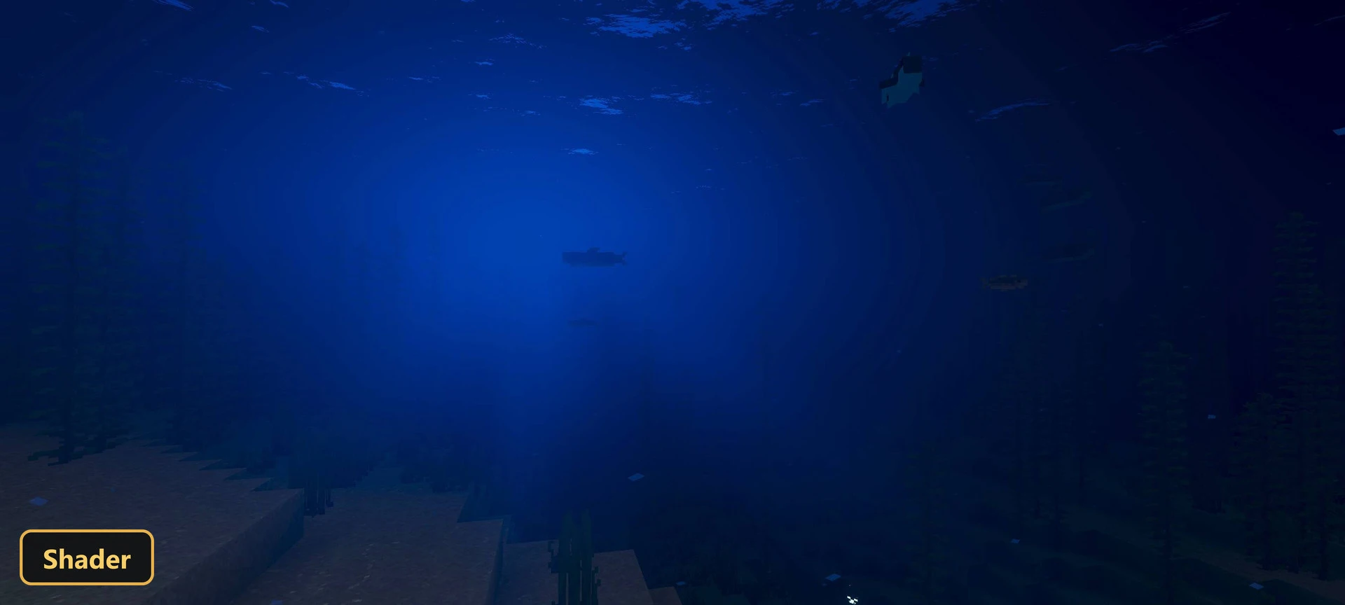 underwater, deep blue, distant fish, dark and mysterious