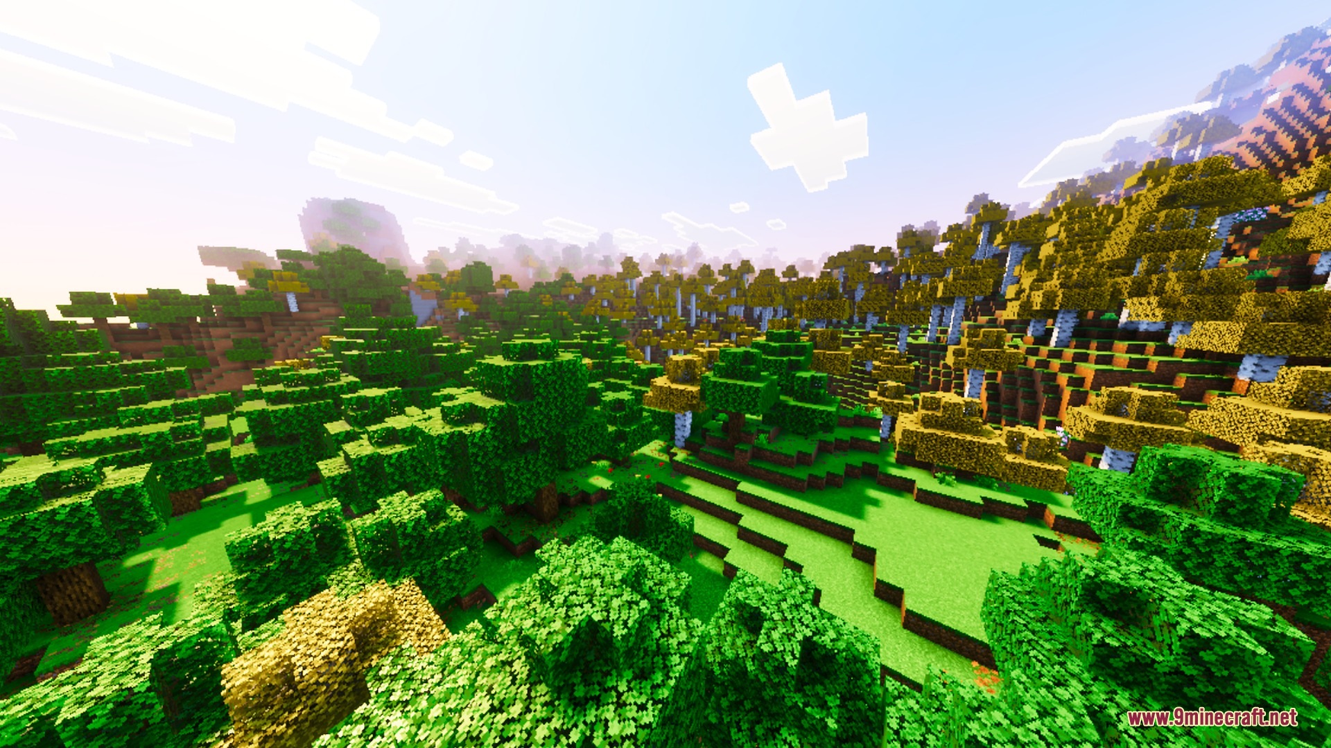 BSLD Shaders Screenshot 2 Vibrant forest landscape with green and yellow trees covering hills in bright light