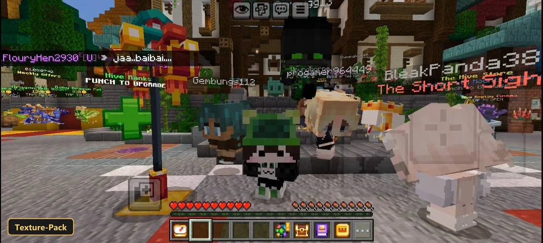 Players in a bustling town square, colorful buildings, various skins