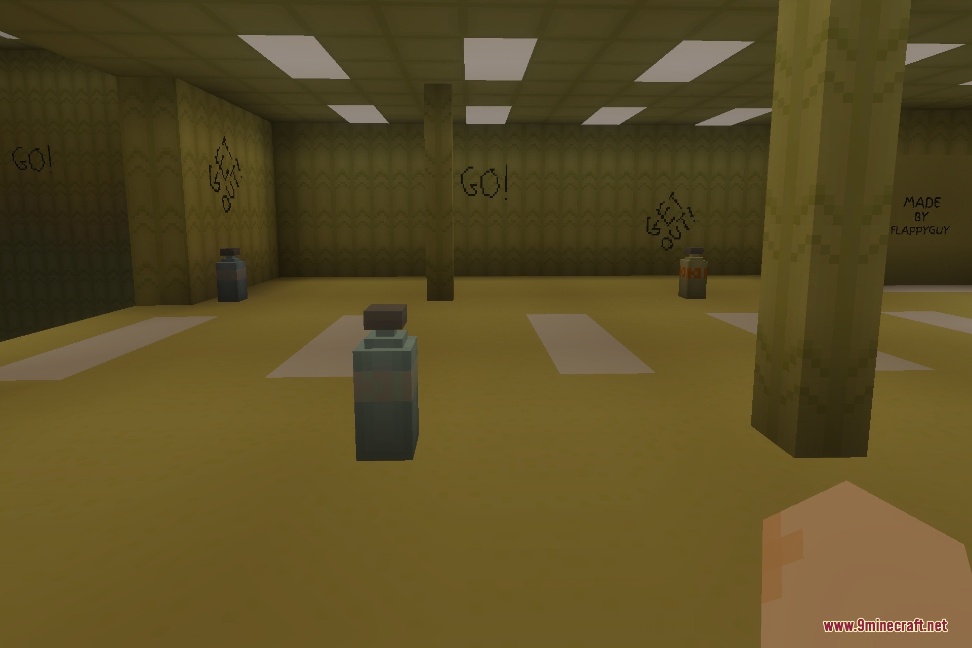 Backrooms Parkour Map Screenshot 1 Player explores yellow Backrooms Parkour corridors with graffiti and obstacles