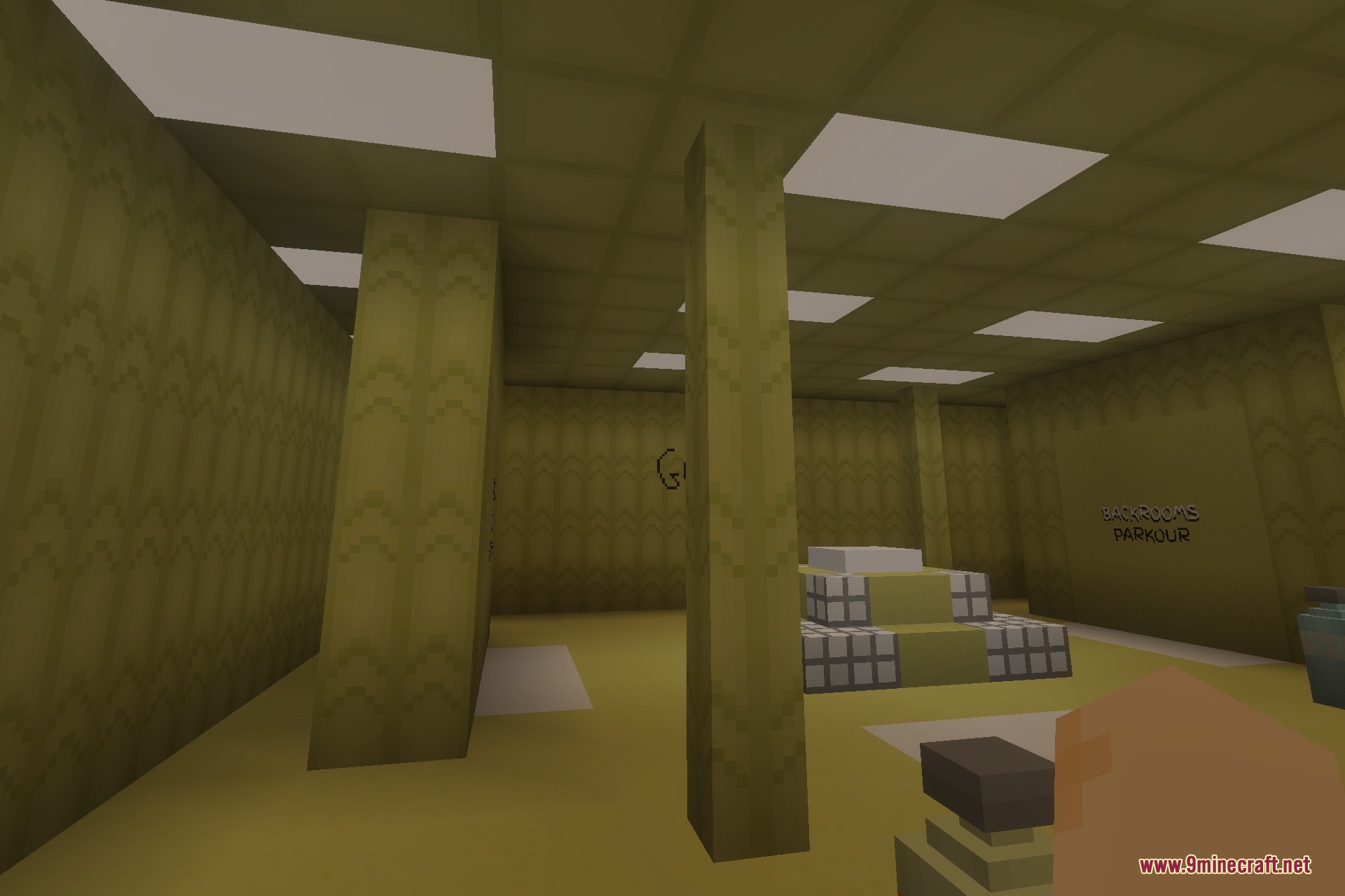 Backrooms Parkour Map Screenshot 3 Minecraft player navigates the Backrooms Parkour map with pillars and obstacles