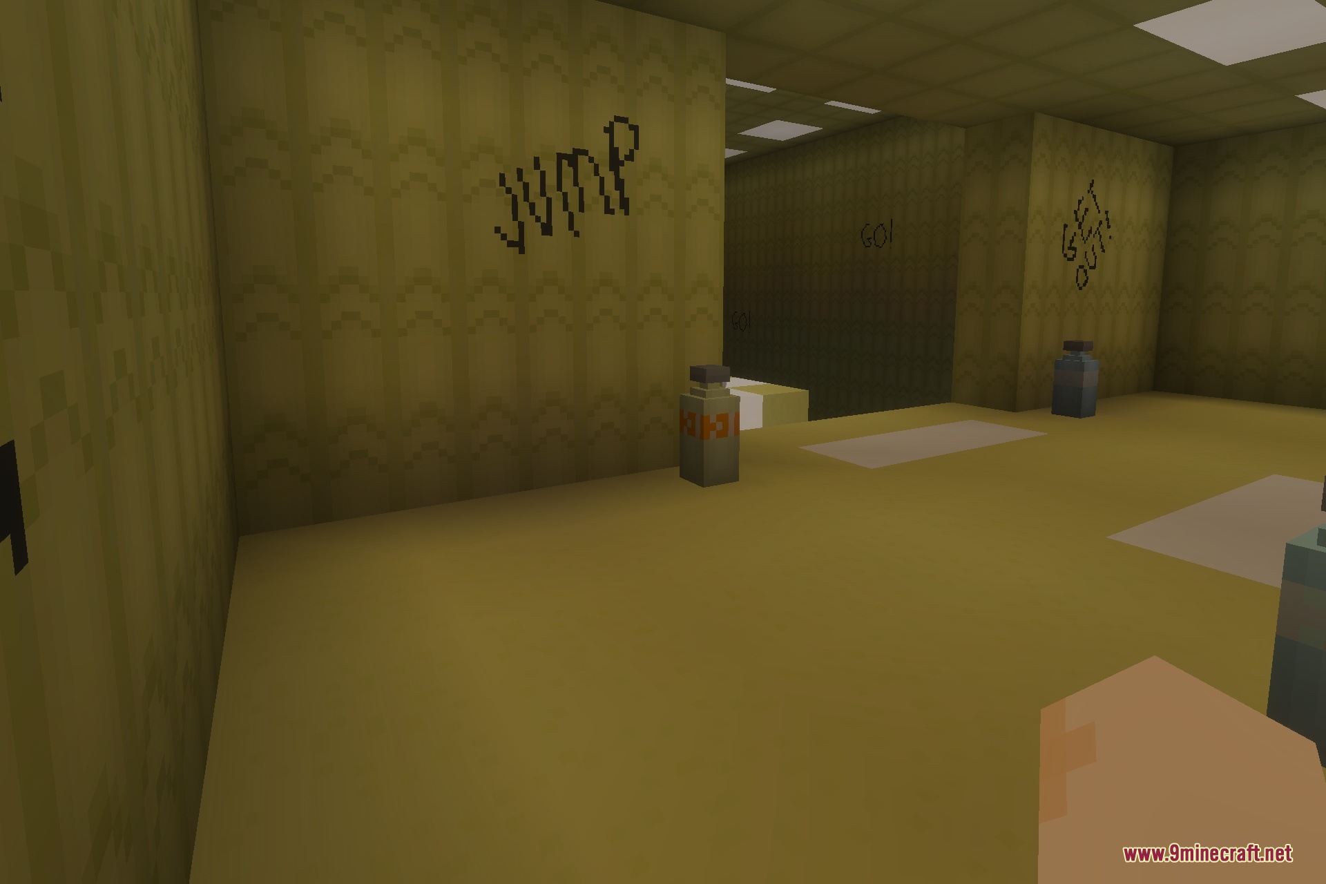 Backrooms Parkour Map Screenshot 4 Yellow hallways with graffiti messages telling the player to jump and get out