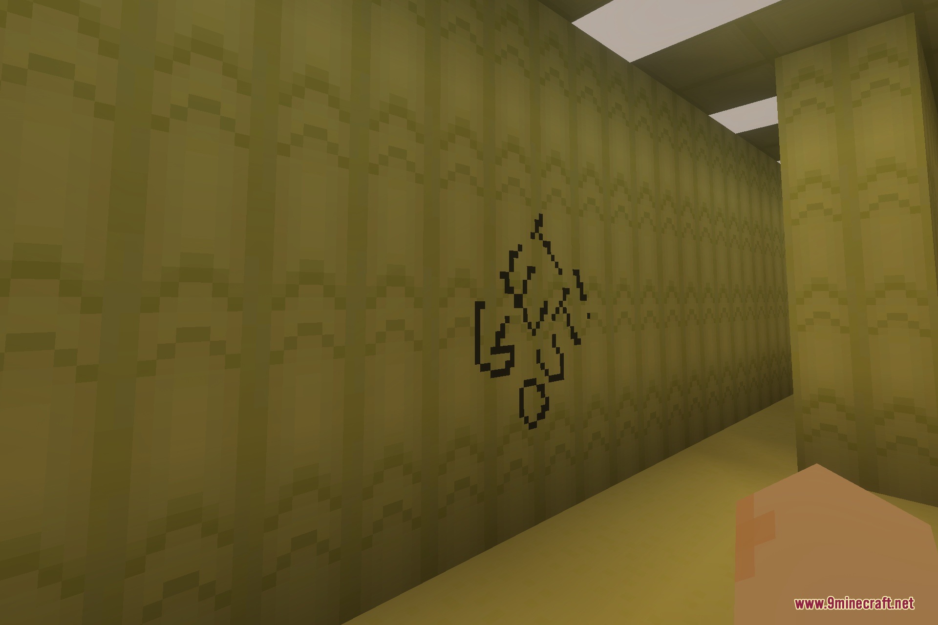 Backrooms Parkour Map Screenshot 5 Player stands in a yellow hallway with GET OUT written on the wall