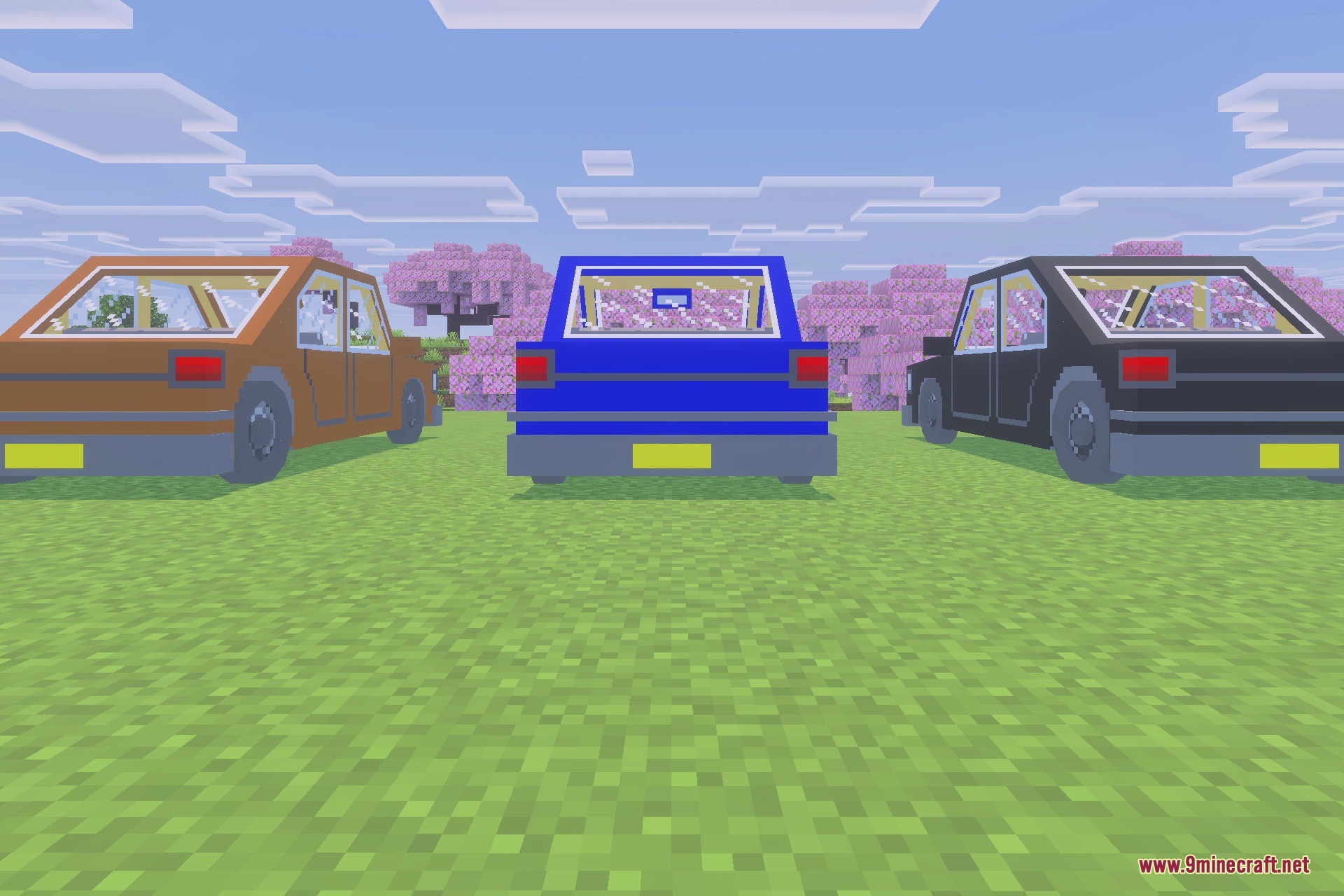 Backrooms - SankoRooms Addon Screenshot 1 Three colored cars parked on a grassy field near cherry blossom trees
