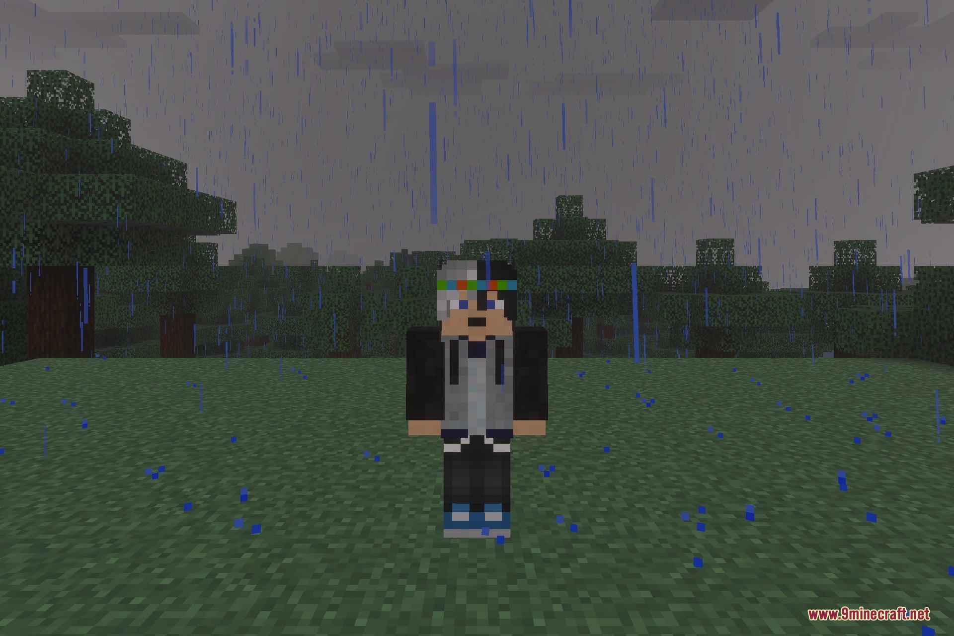 Backrooms - SankoRooms Addon Screenshot 3 A Minecraft player character with a split skin standing in the rain