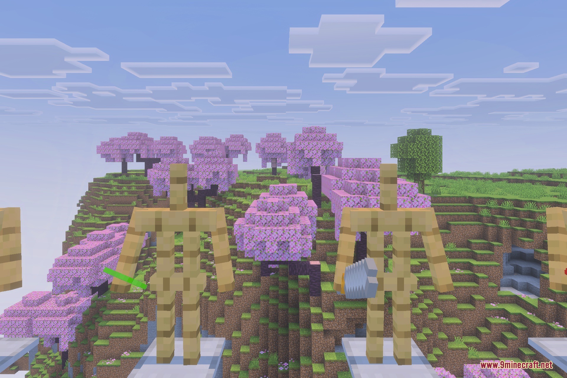 Backrooms - SankoRooms Addon Screenshot 5 Armor stands display custom modded items against a backdrop of cherry blossom trees