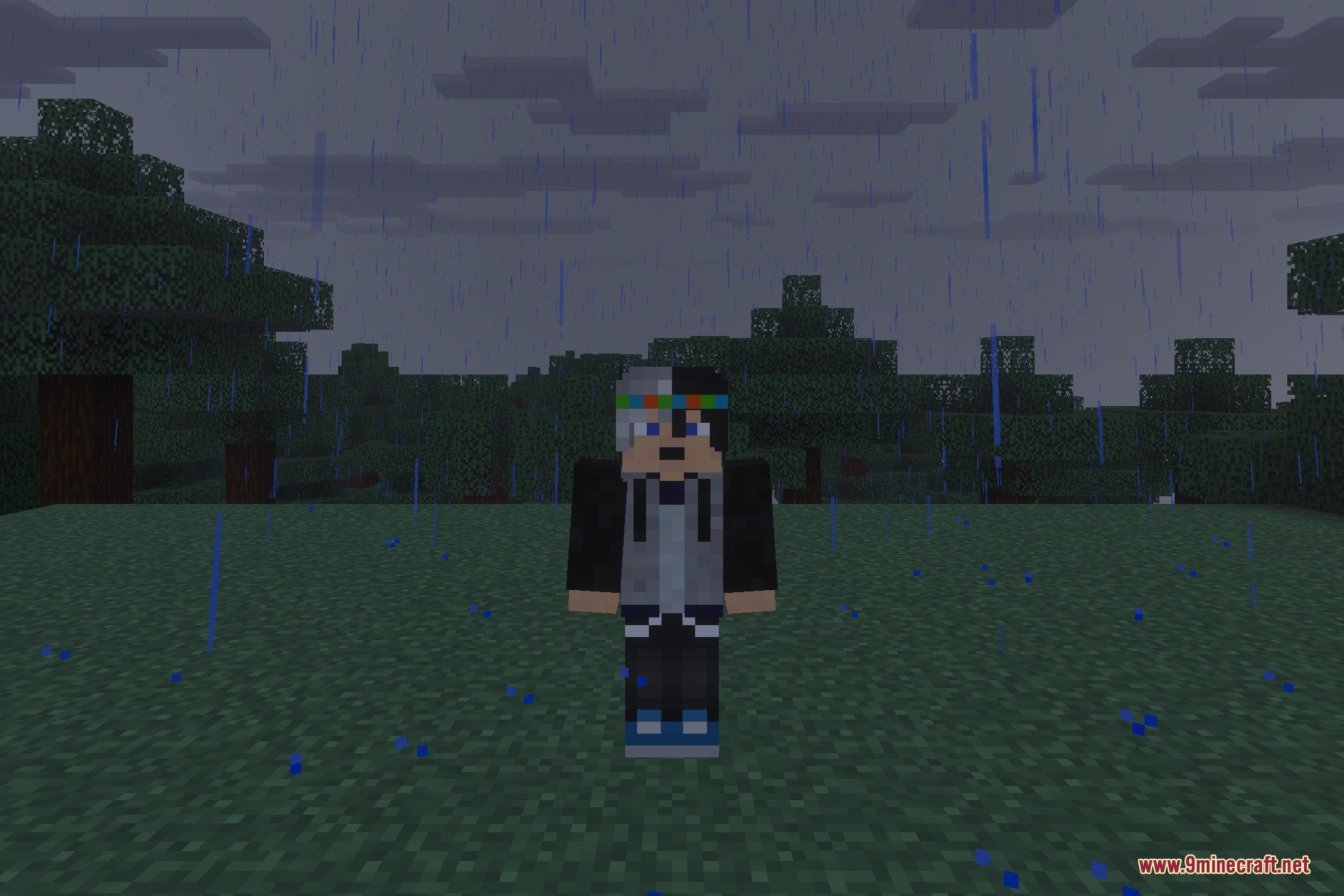 Backrooms - SankoRooms Addon Screenshot 6 A player character wearing a custom skin stands in a rainy forest biome