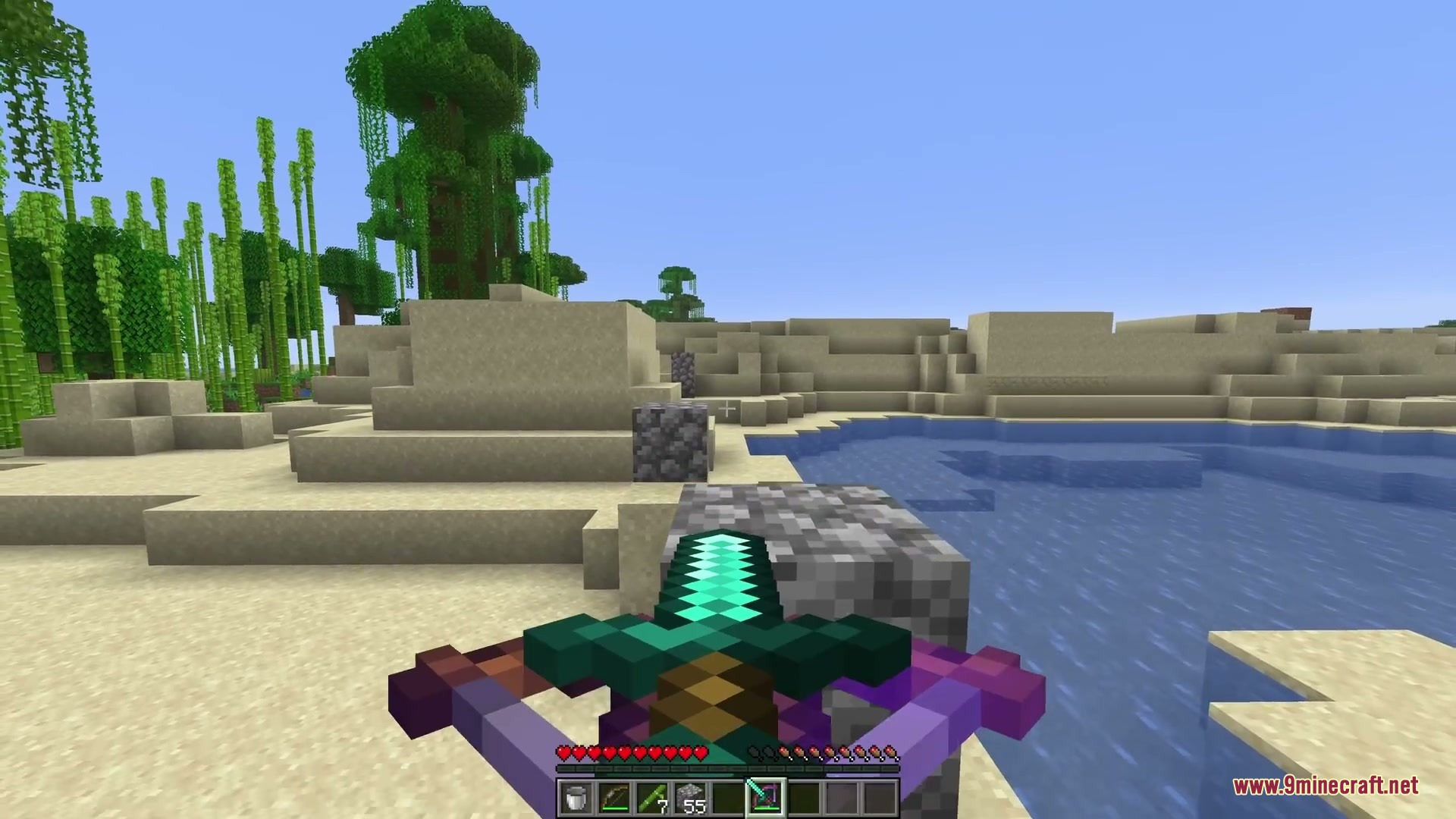 Ballistic Versatility Mod Screenshot 1 A player aims a crossbow loaded with a diamond sword in the desert