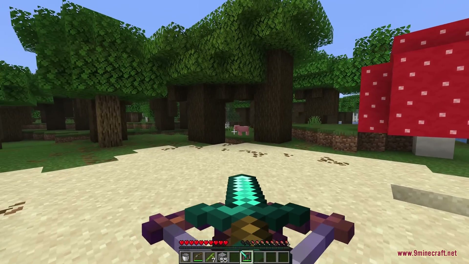 Ballistic Versatility Mod Screenshot 2 A crossbow loaded with a diamond sword aimed at a giant red mushroom