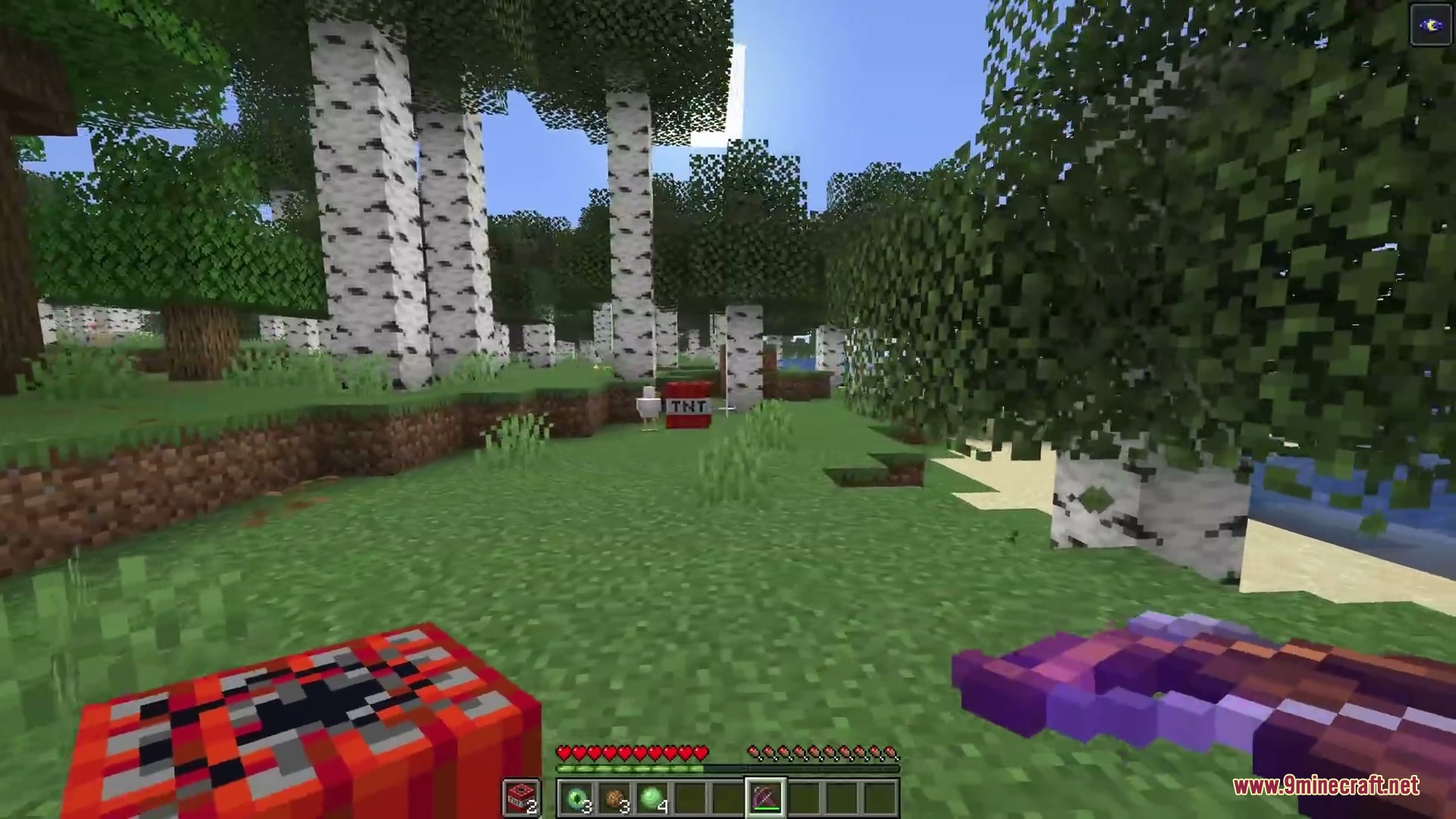 Ballistic Versatility Mod Screenshot 6 Player fires a block of TNT from a crossbow in a birch forest
