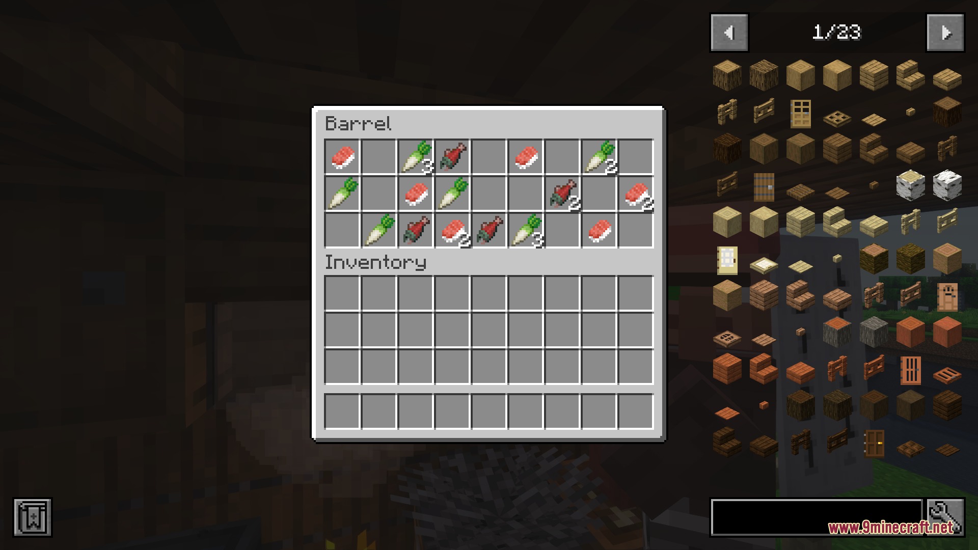 A barrel inventory containing Salmon Nigiri Sushi and Daikon radish food items