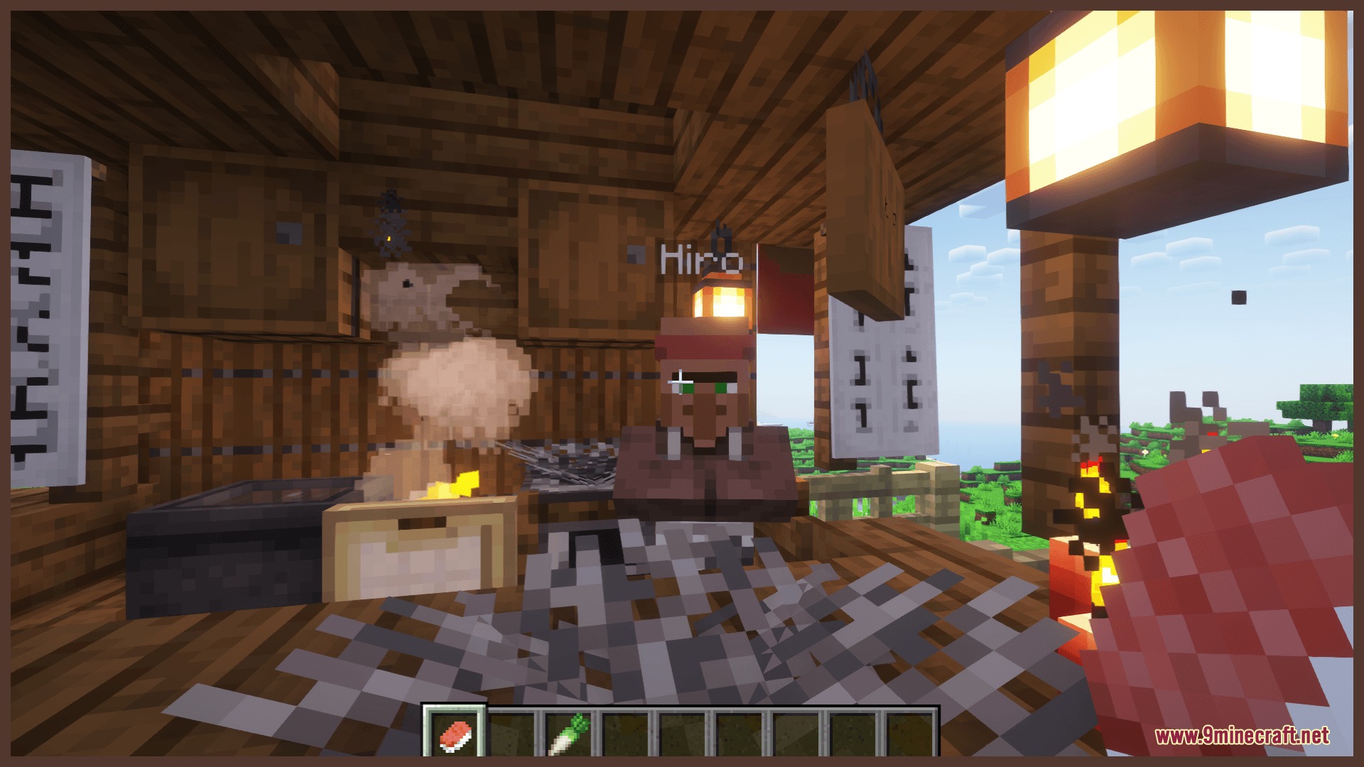 A villager named Hiro stands behind the counter of a food cart