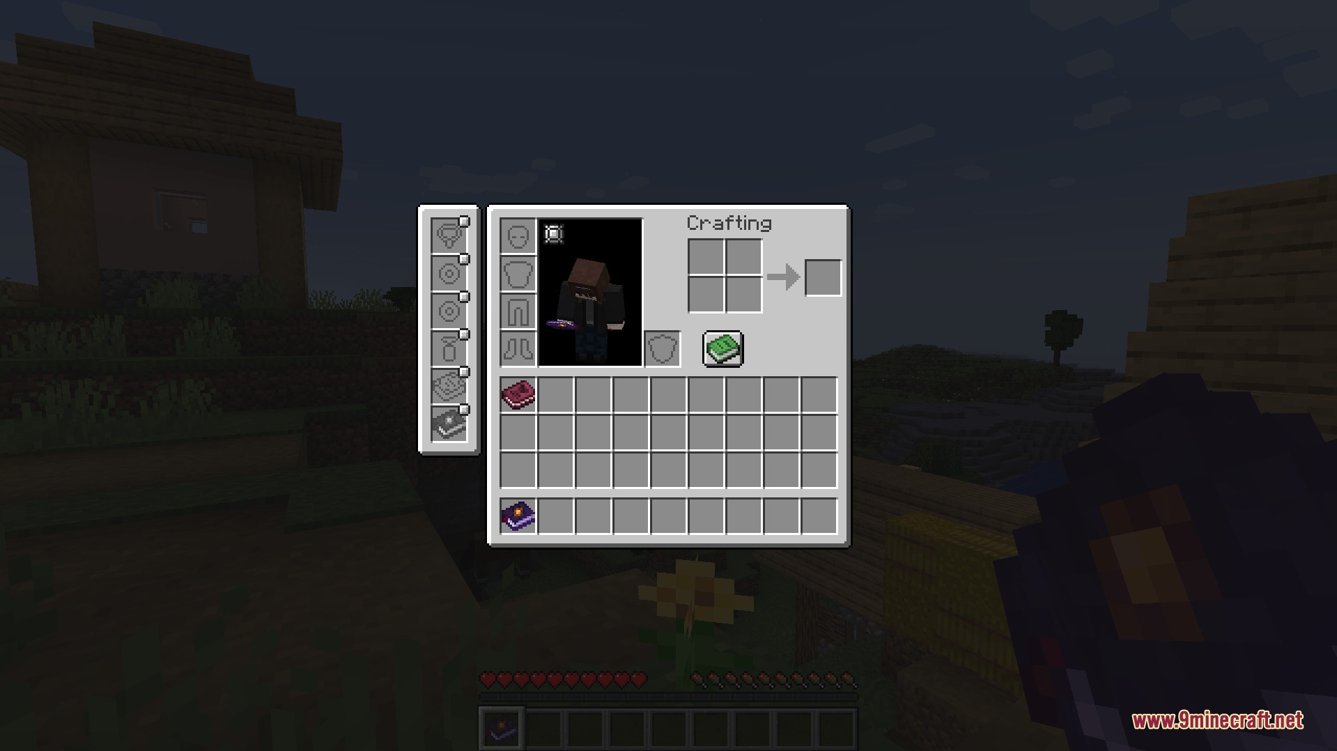 Player inventory showing custom lore books and a new side navigation tab