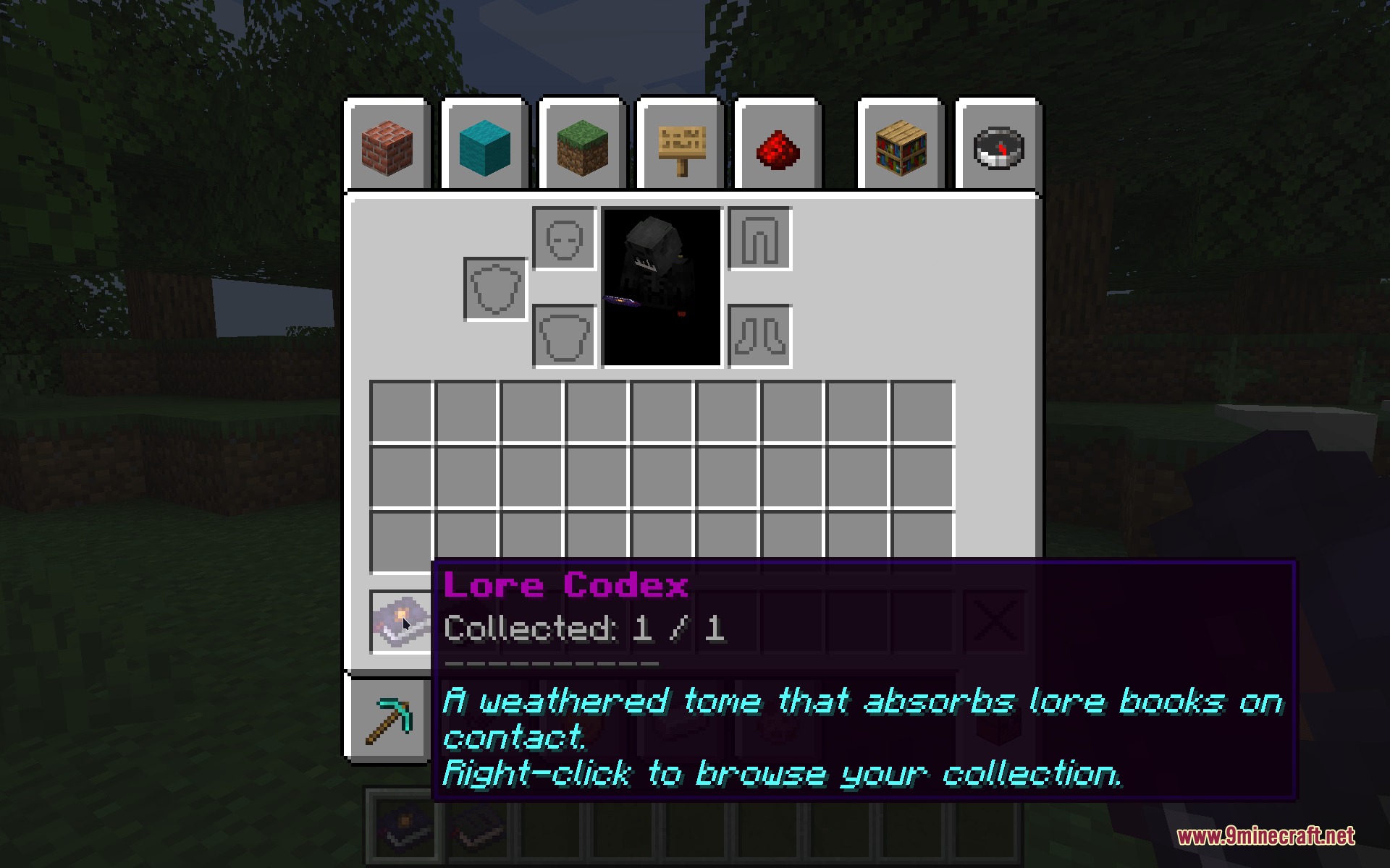 Player hovering over a Lore Codex item in the Minecraft inventory screen