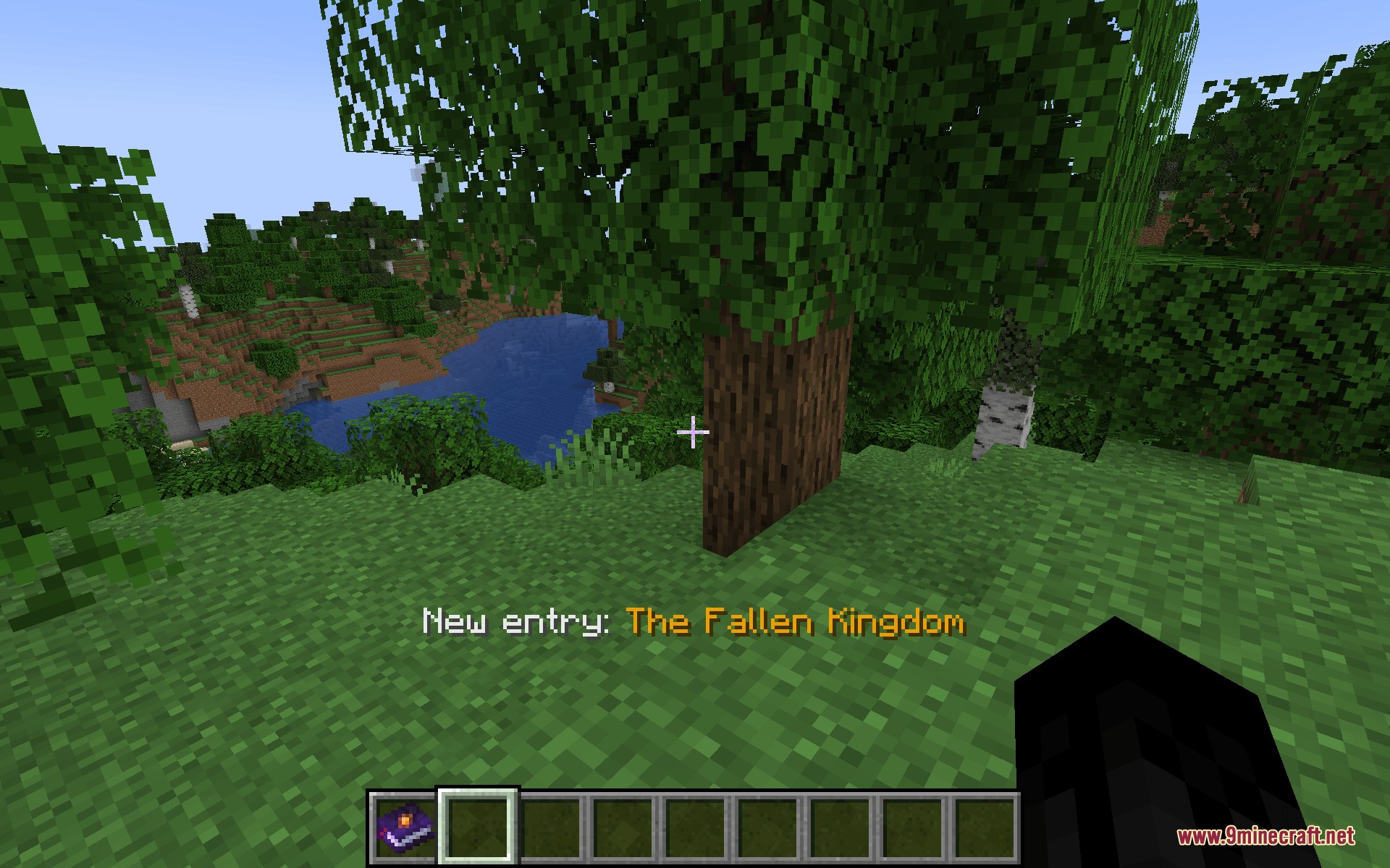 A new lore entry notification appears while exploring a forest in Minecraft