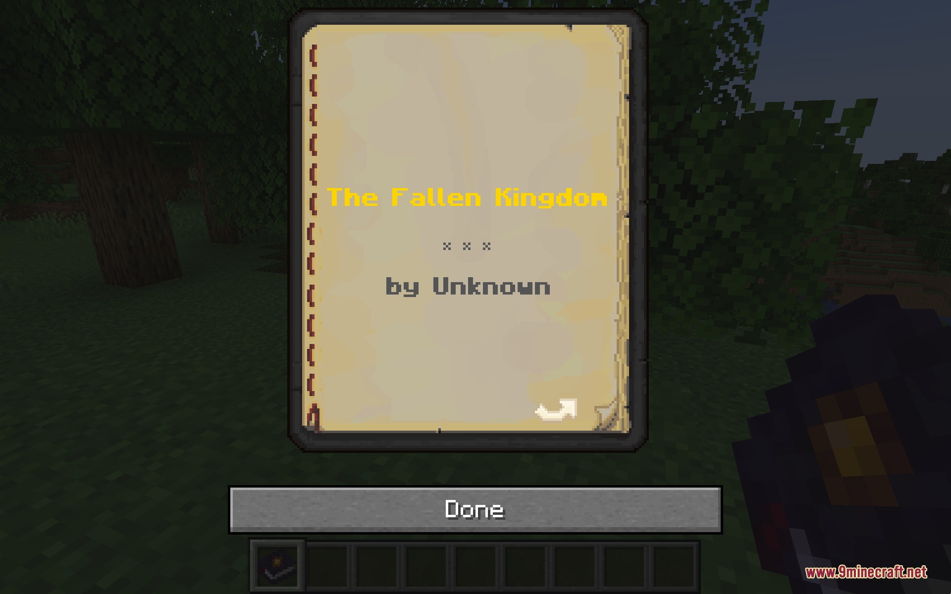 Bestiary Bound Mod interface showing the cover of a book titled The Fallen Kingdom