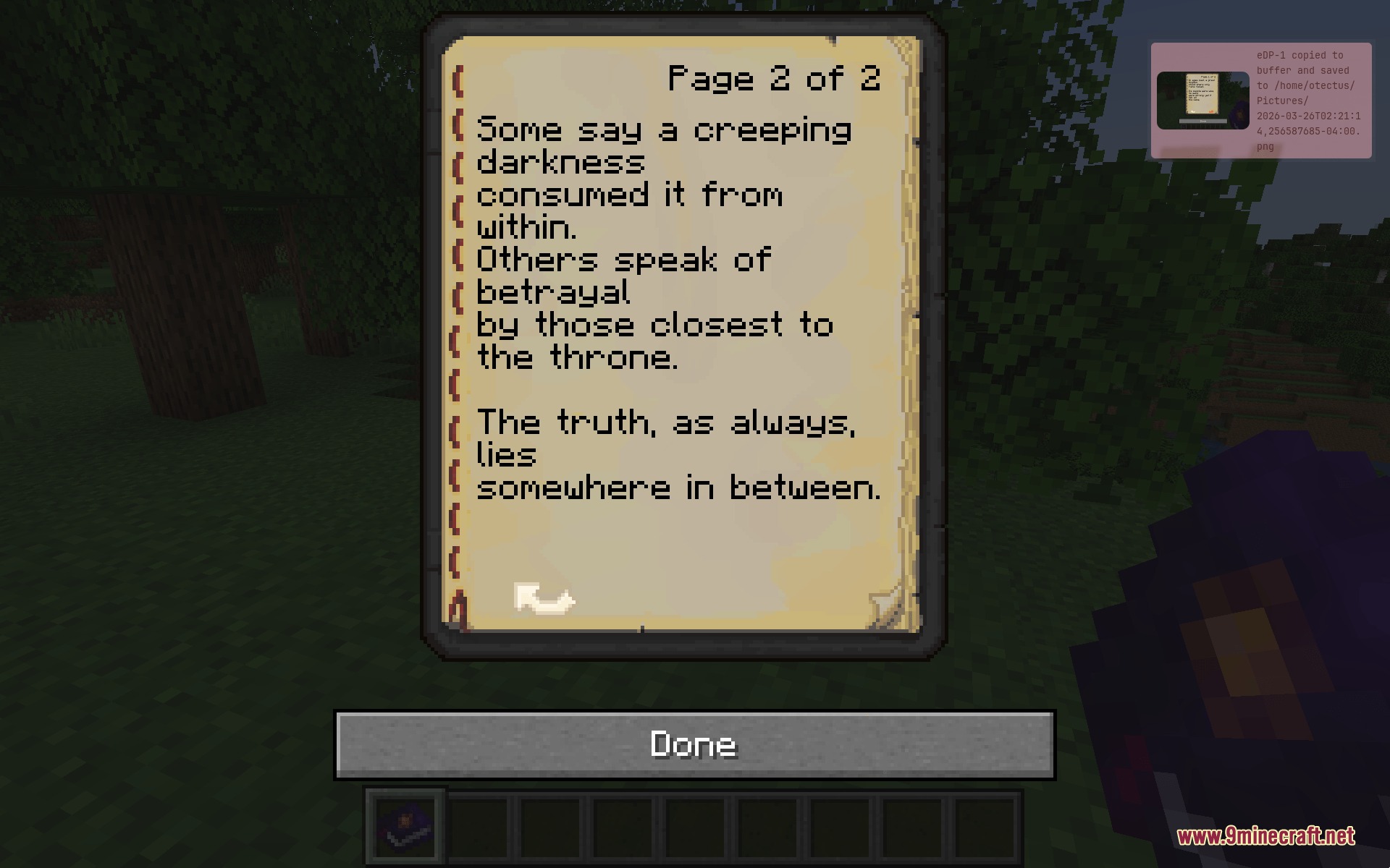 A player reads the second page of a custom lore book in Minecraft