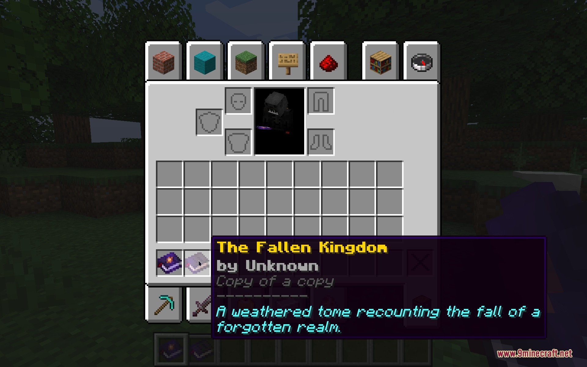 Minecraft inventory displaying a custom lore book from the Bestiary Bound Mod