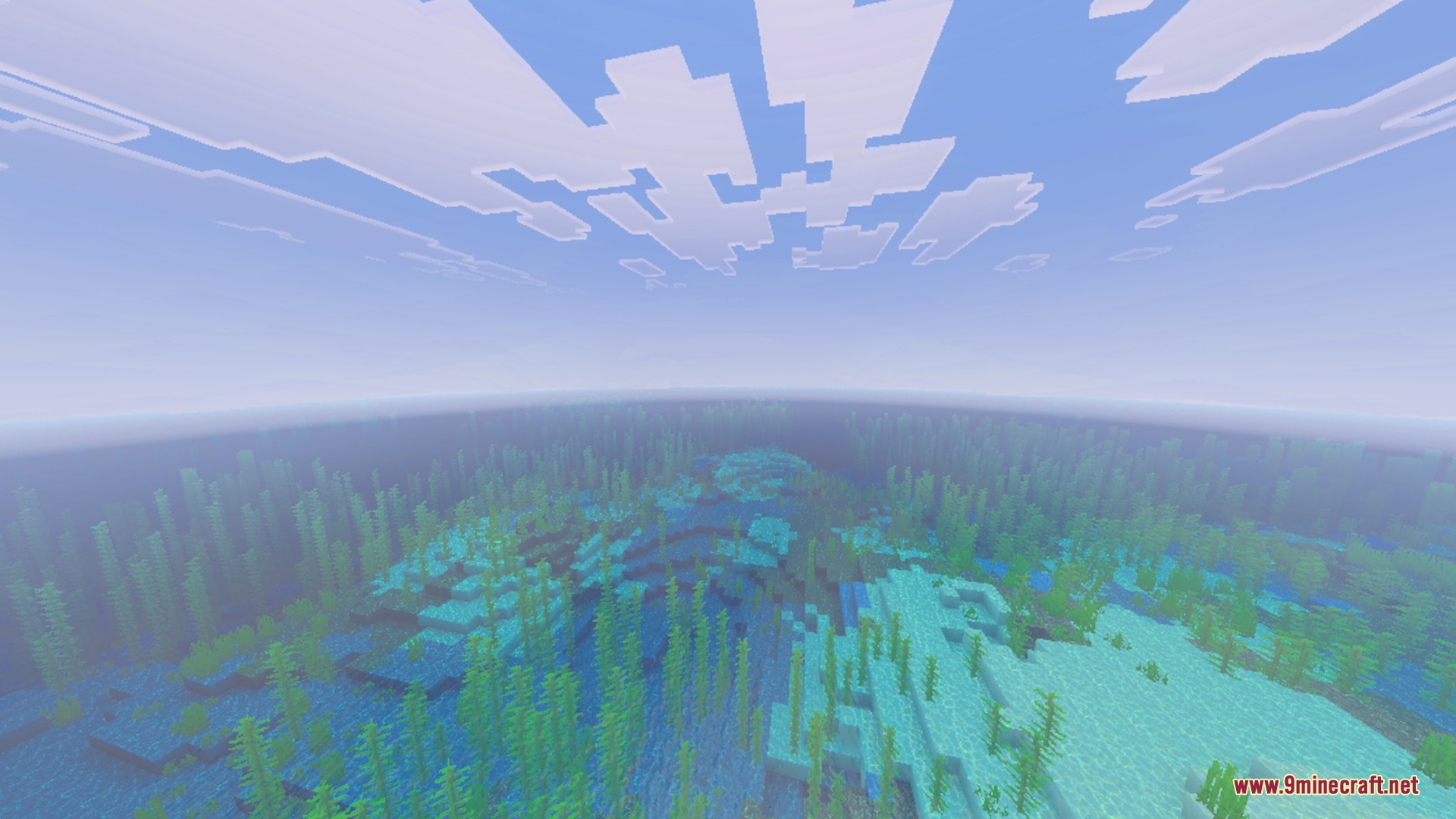 A vast Minecraft ocean with green kelp and seagrass under a bright sky