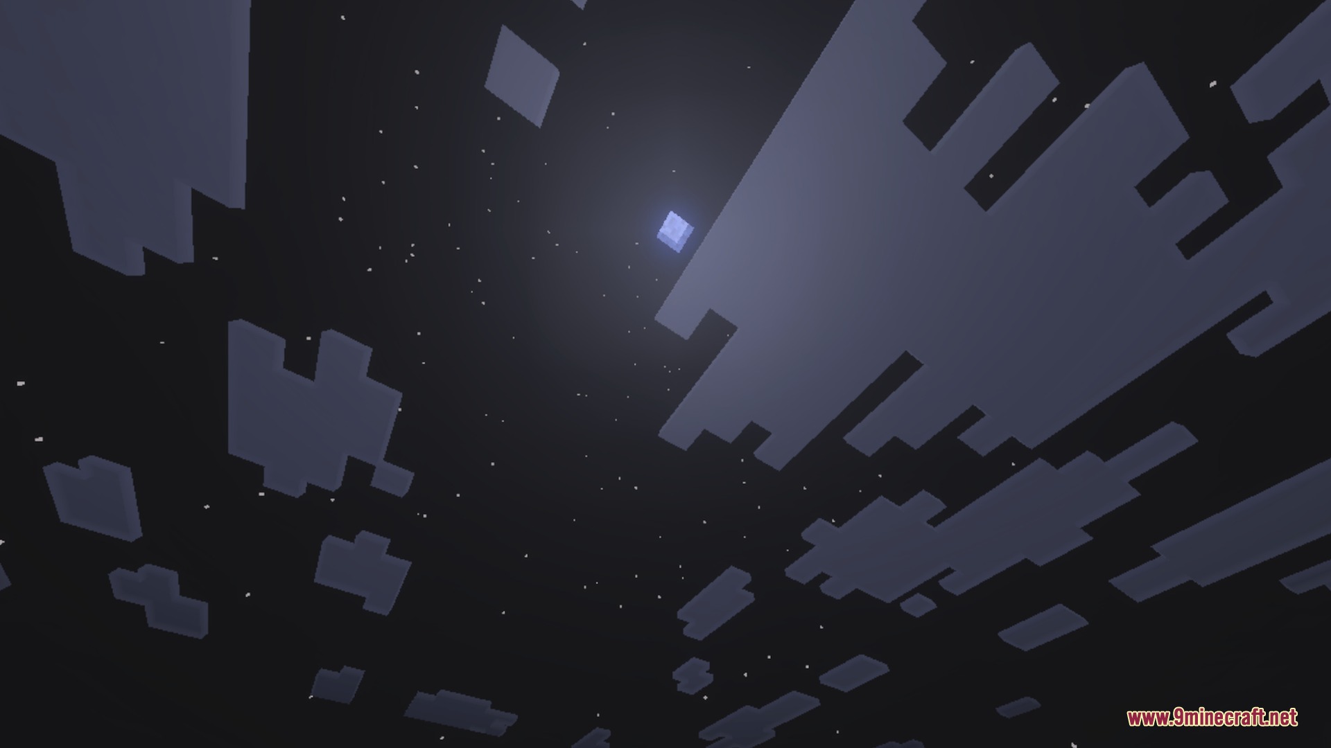 Dark Minecraft night sky featuring blocky clouds and a small glowing square moon