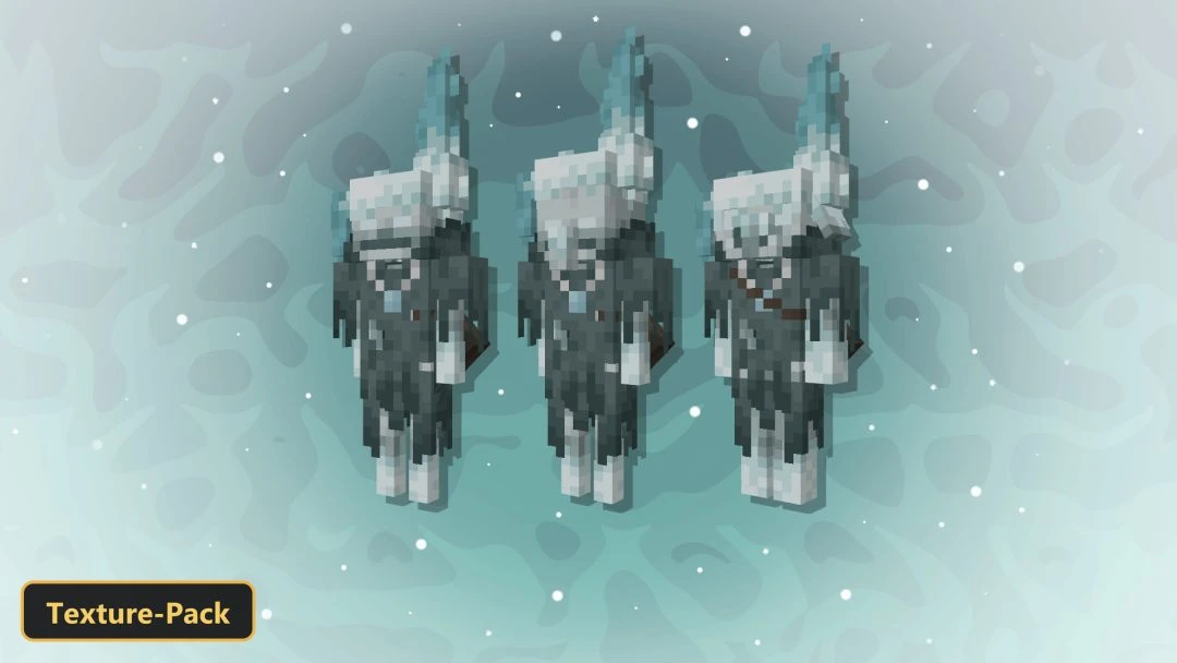 three frozen skeletons in a snowy, icy environment