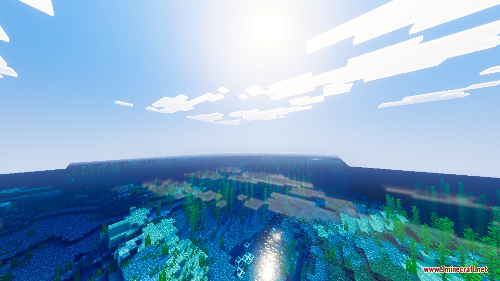 Vast blue ocean with kelp and bright sunlight reflecting on the clear water