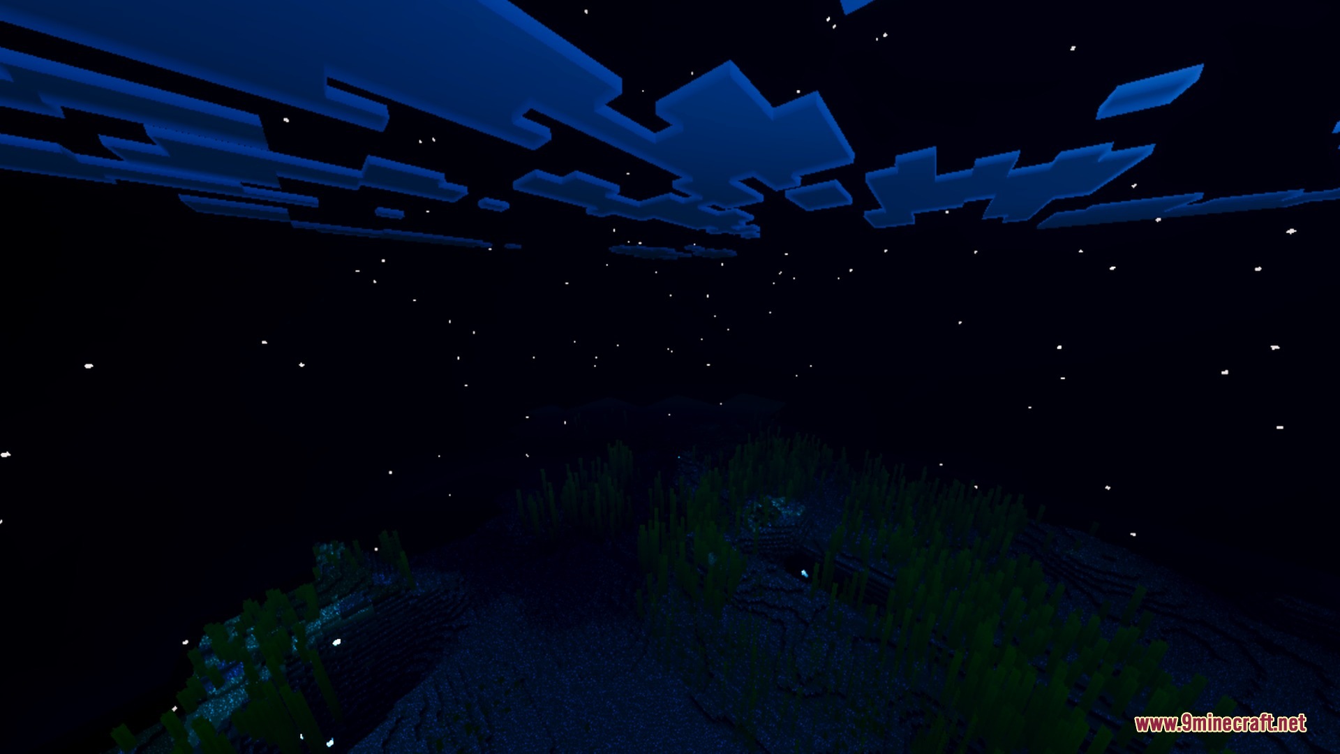 Glowing blue clouds and stars in the dark Minecraft night sky
