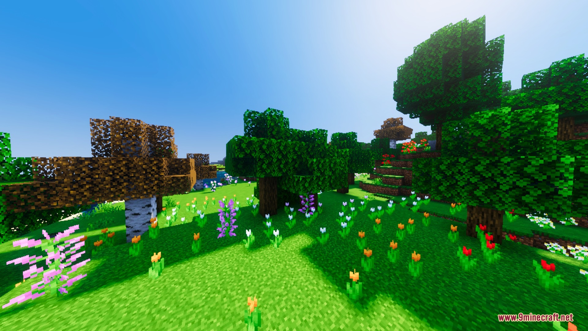 Vibrant Minecraft landscape with colorful flowers and lush green trees under bright warm sunlight