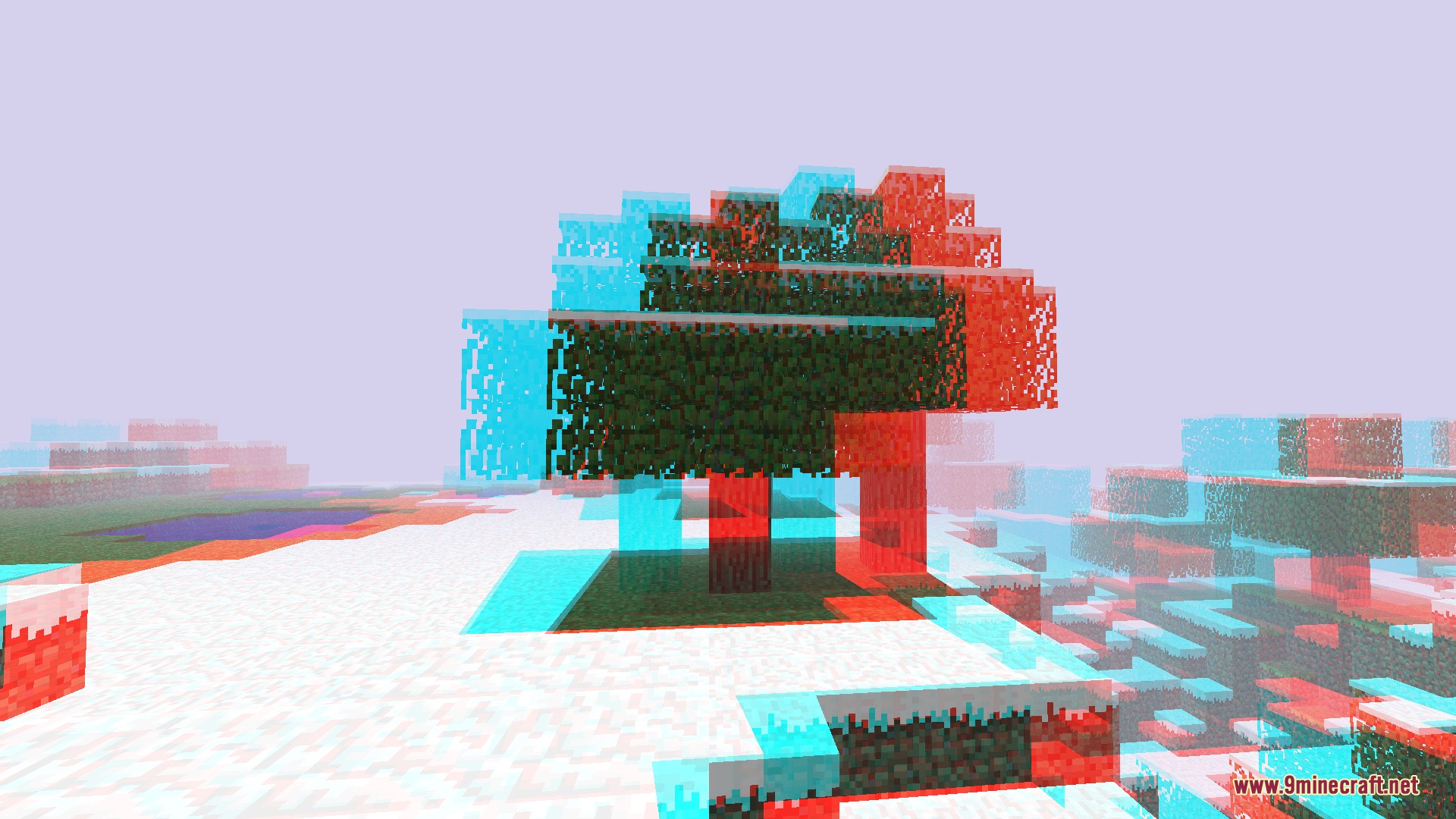 A glitched Minecraft tree with red and cyan anaglyph visual effects