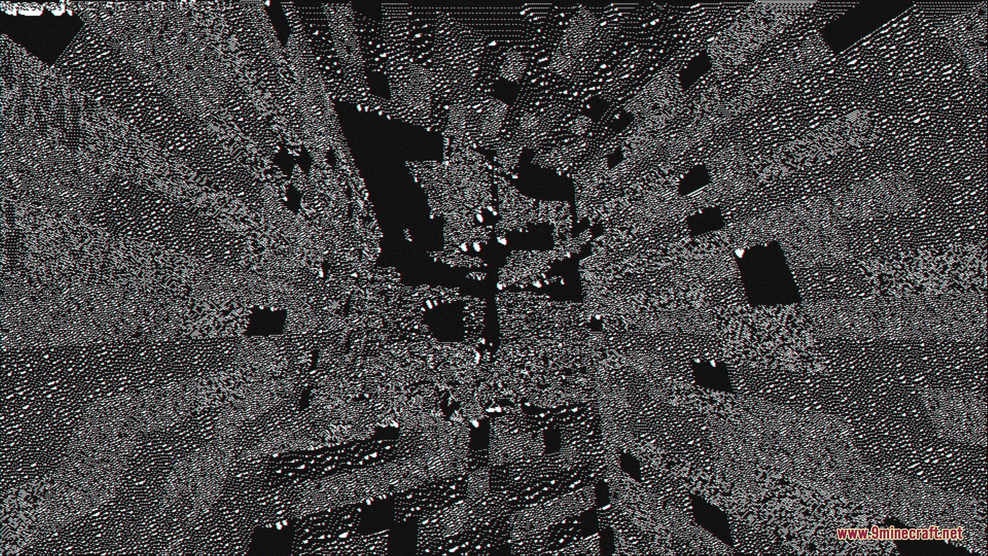 A distorted black and white view of a mysterious glitched dimension