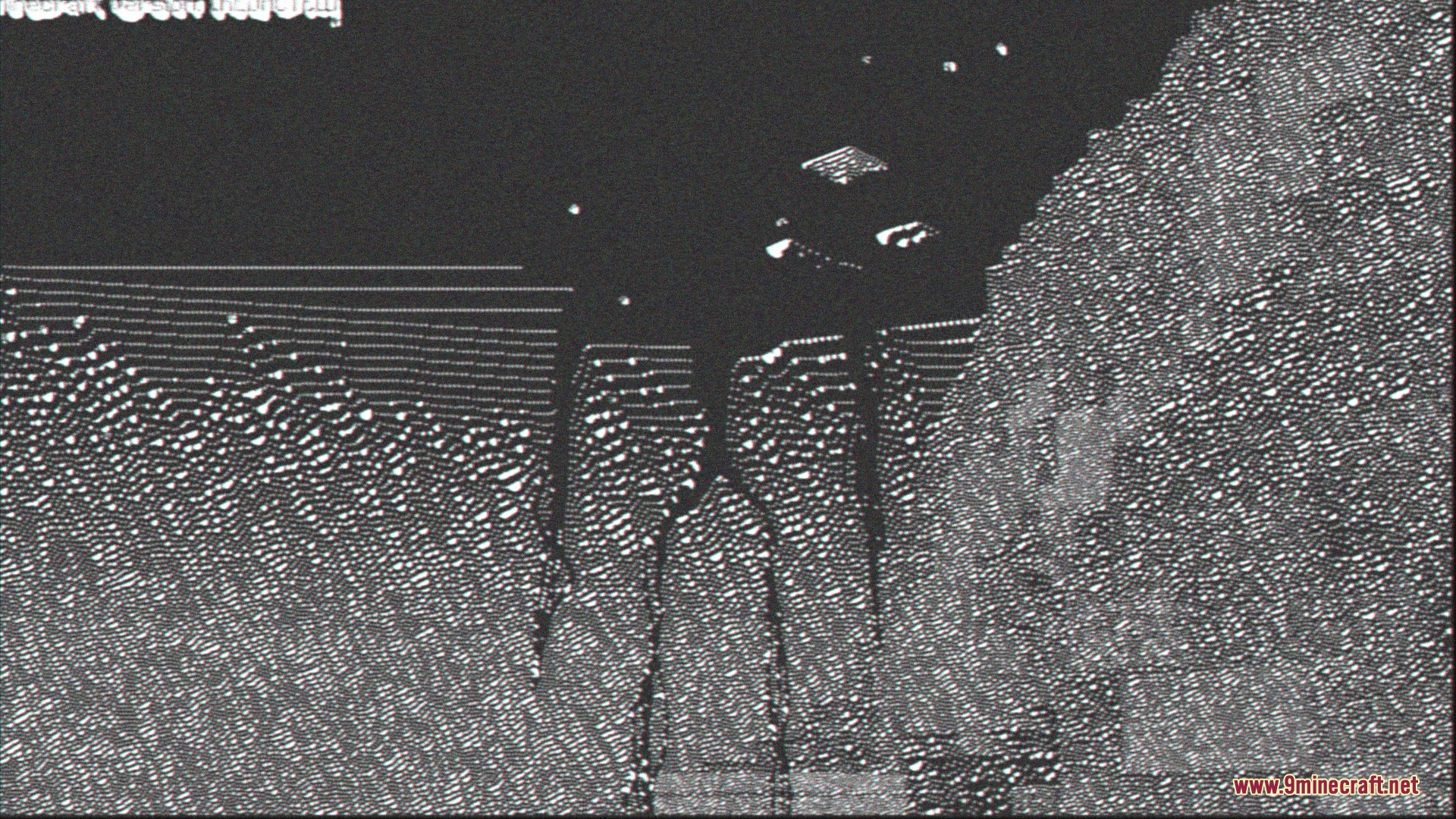 Grainy black and white footage of a glitched environment with mysterious dark figures
