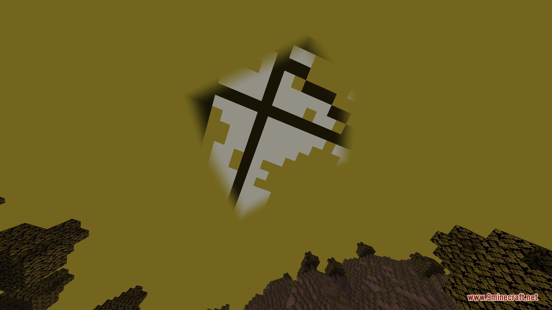 A glitched diamond shape floating in a yellow sky above jagged dark terrain
